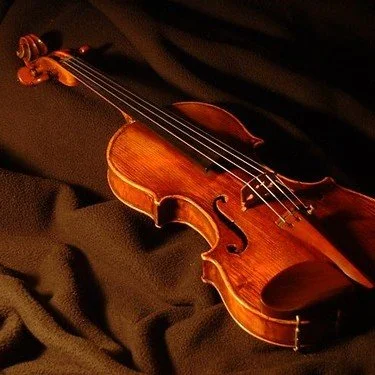 A wooden violin resting on black fabric.