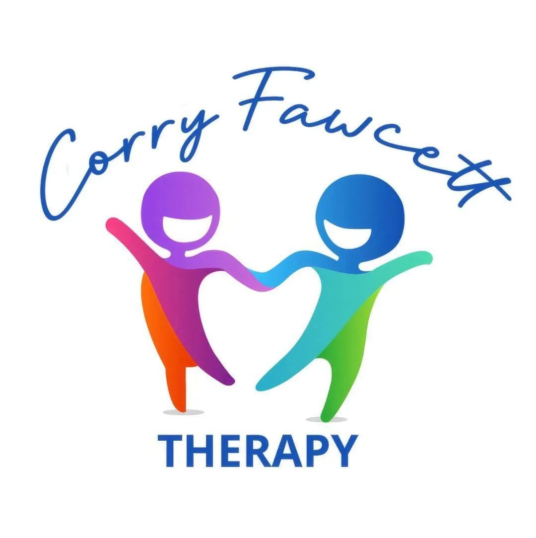 Colorful logo with two cartoon figures holding hands, forming a heart shape, with the words "Sorry Fawcett" above and "THERAPY" below.