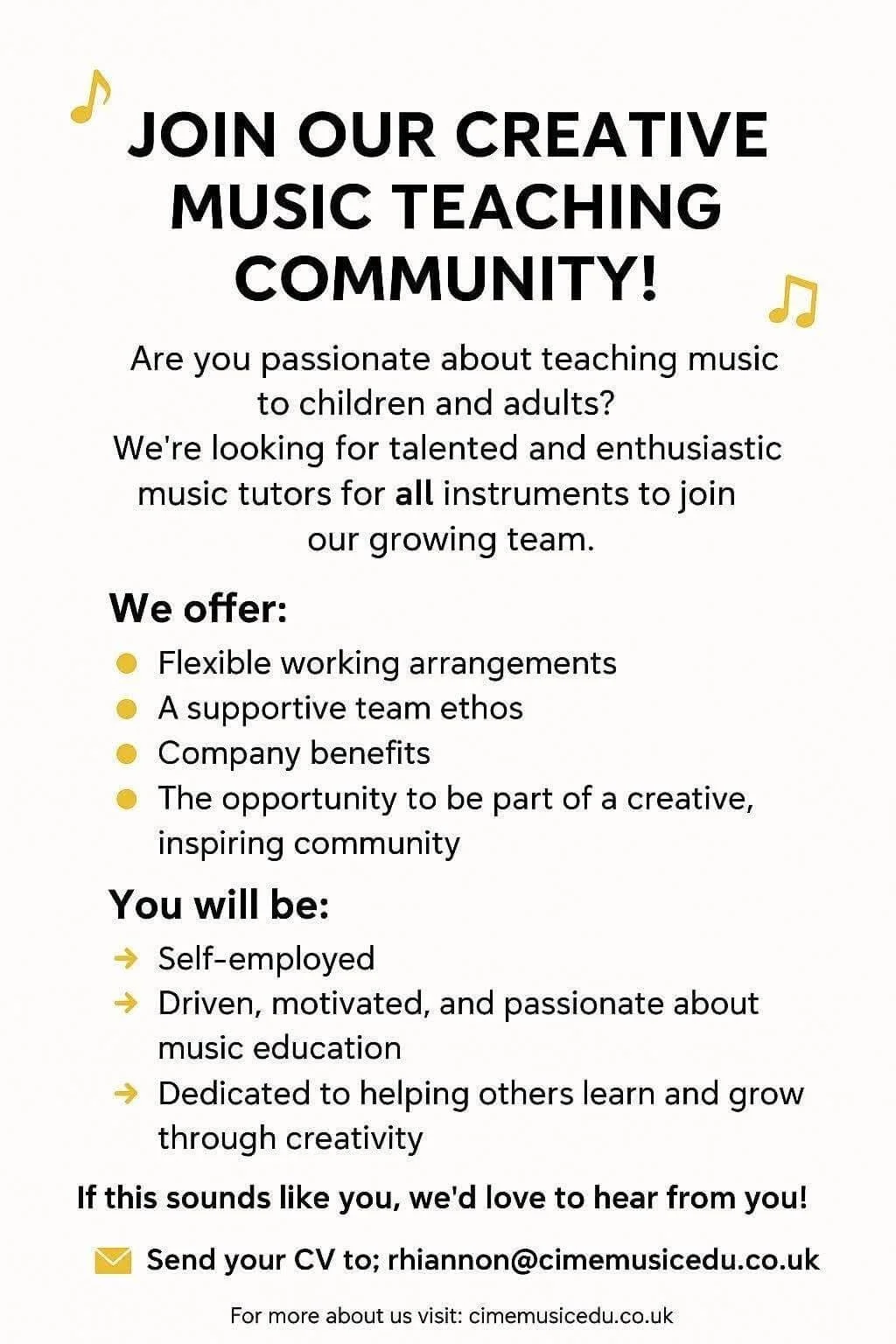 Flyer seeking music tutors for a teaching community, with text about flexible arrangements, team ethos, company benefits, opportunity, and qualities of applicants, with small musical notes illustrations.