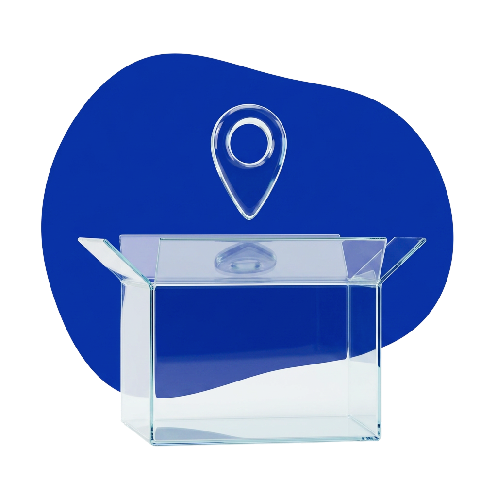 A transparent acrylic display box with an open top, placed in front of a large dark blue circular background, with a clear location pin icon above the box.