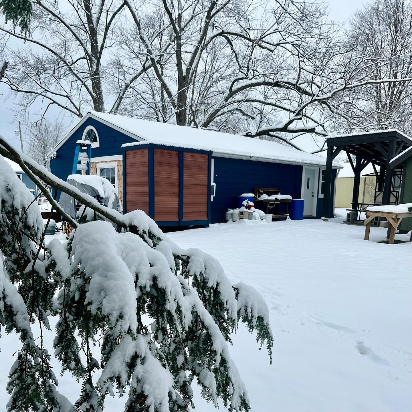 The snow has arrived but it is nice and toasty in the blue cabin