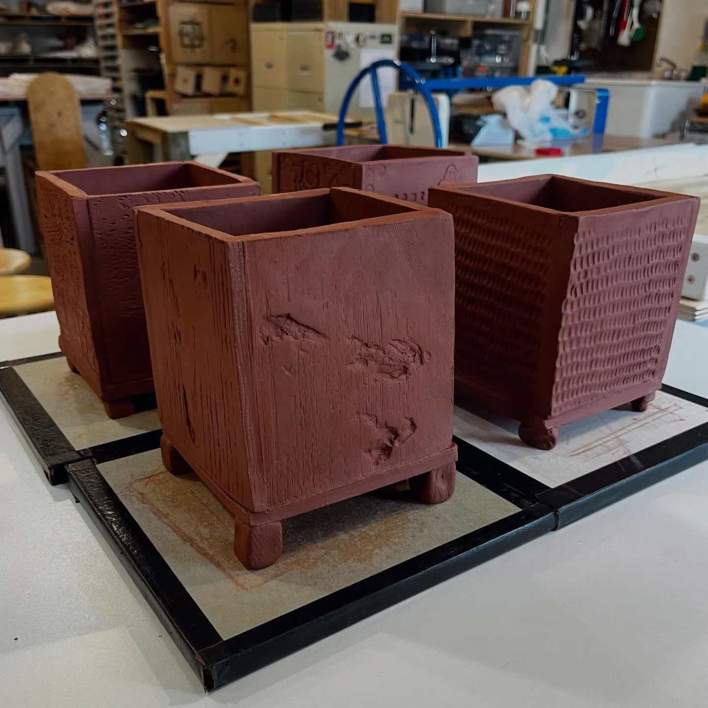 Some pieces from the last Slab Planter workshop. Looking forward to seeing what glaze choices will be made for these.