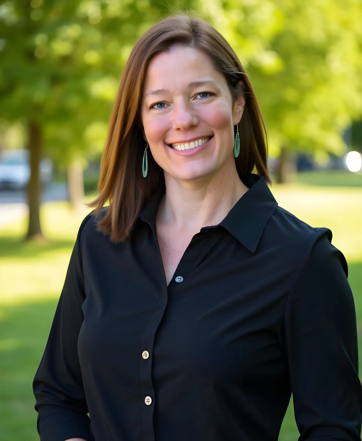 Hypnoptherapy certification instructor Jen Catlin standing in a button up black shirt outdoors at a park