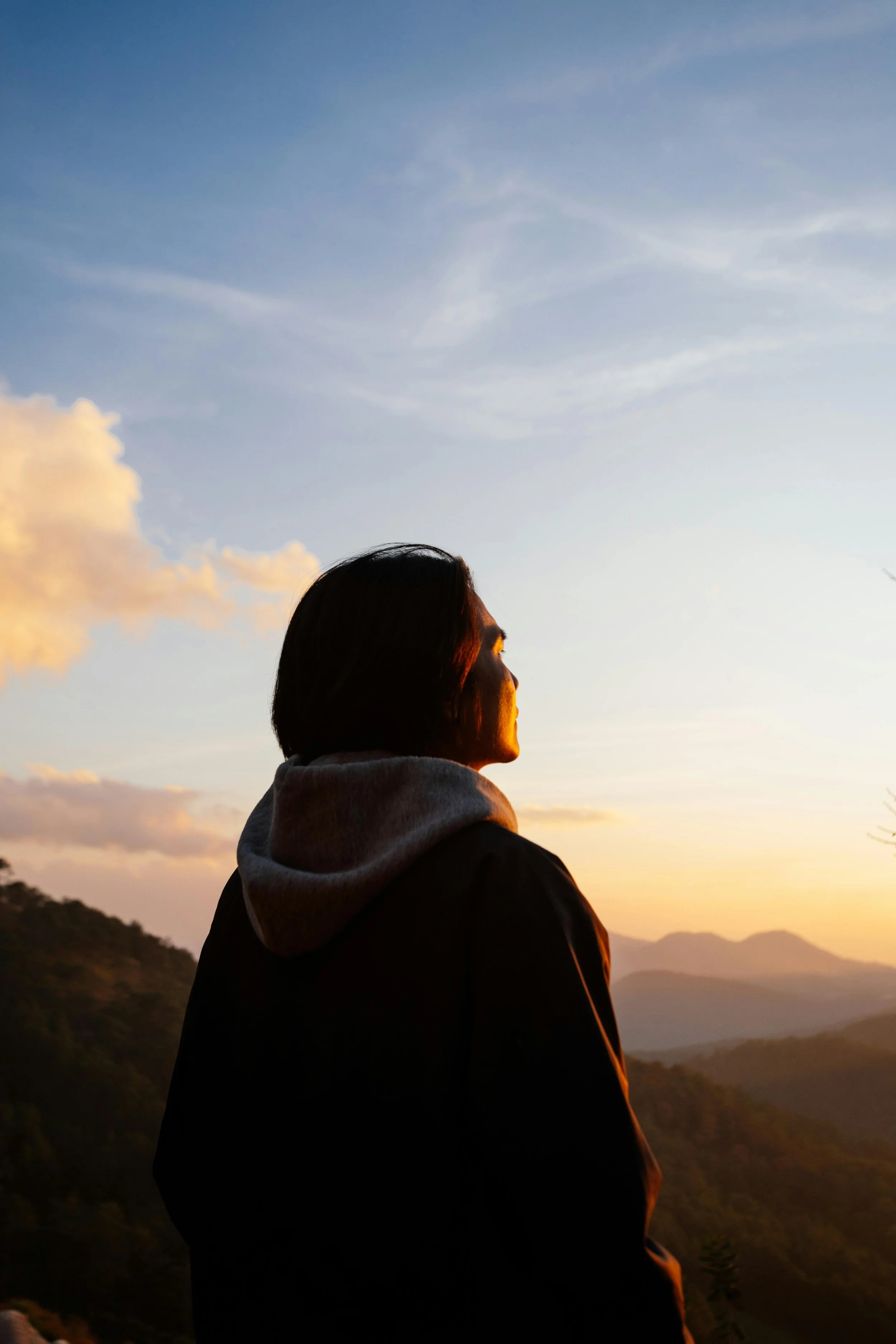 A person with shoulder-length dark hair wearing a gray hoodie and dark jacket, gazing at a sunset over mountains and a clear sky with a few clouds.