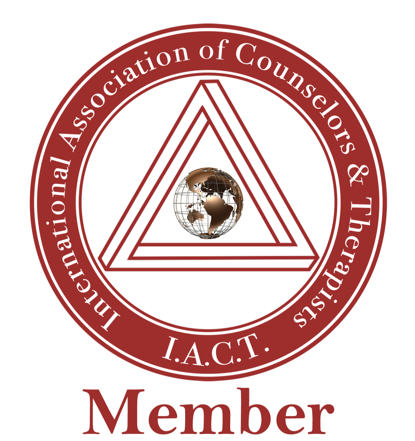 Seal of the International Association of Counselors & Therapists with a globe in the center, surrounded by a red circle with white text and the word 'Member' below.