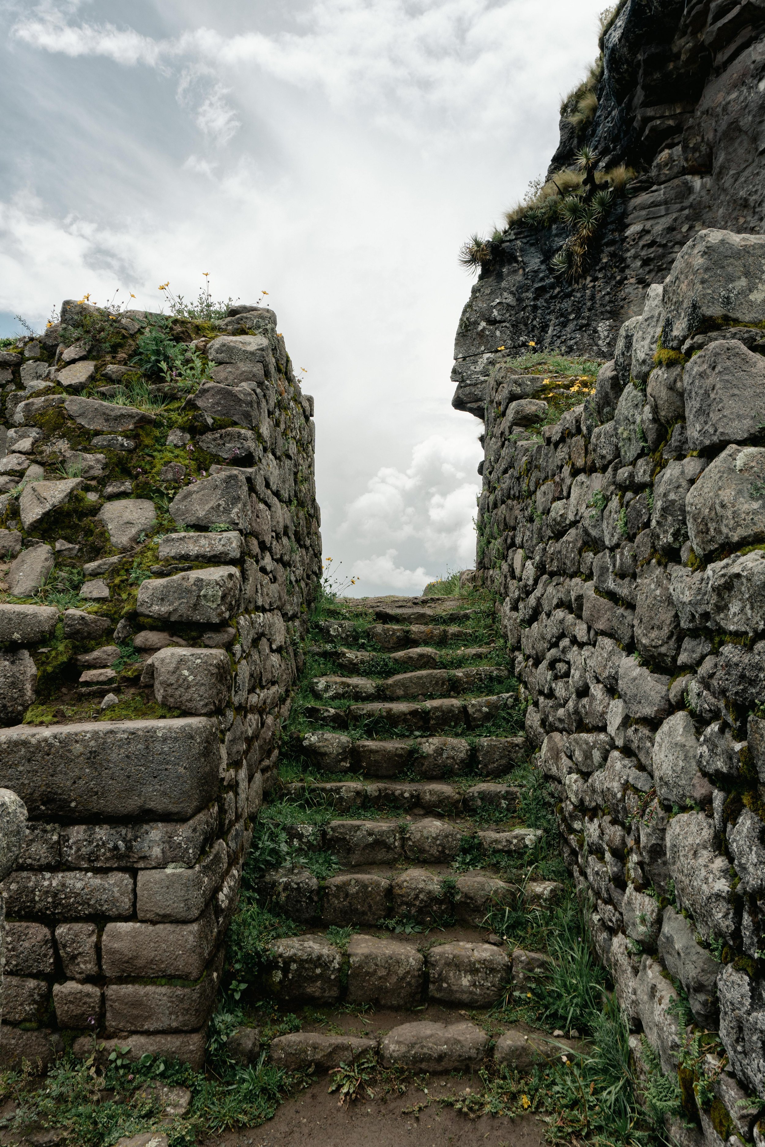 Stone stairs between two stone walls leading upward, with vegetation and small yellow flowers on the walls, under a cloudy sky reminding us of other lifetimes that can be explore through past life regression hypnosis