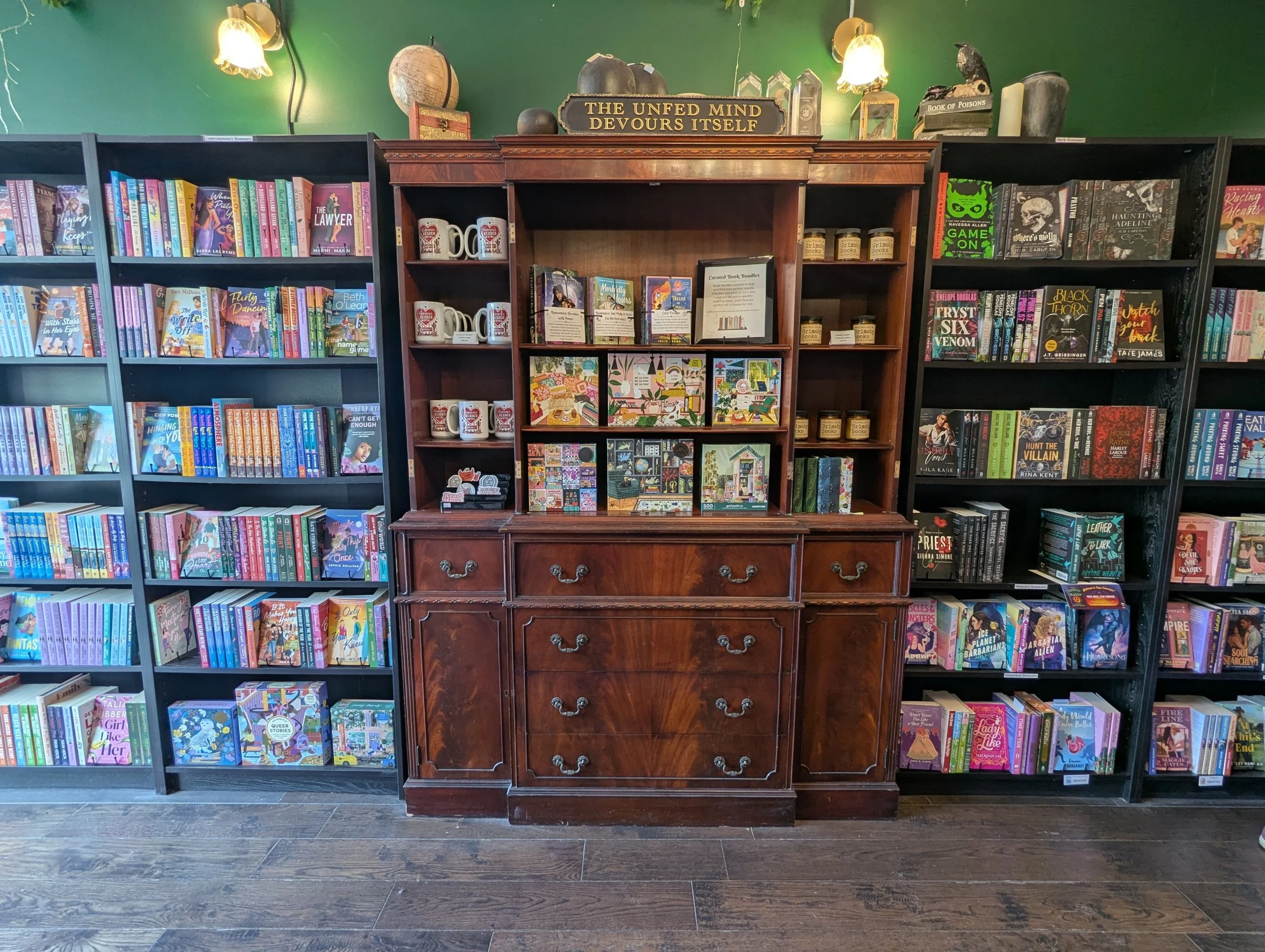 Bookshelves filled with colorful books on both sides and a vintage wooden cabinet with drawers in the middle. The top of the cabinet has framed pictures, books, and ceramic mugs with heart designs. A sign above the cabinet reads, 'The unfed mind devours itself.' The background features green walls and decorative objects including a globe, a raven, and lamps.