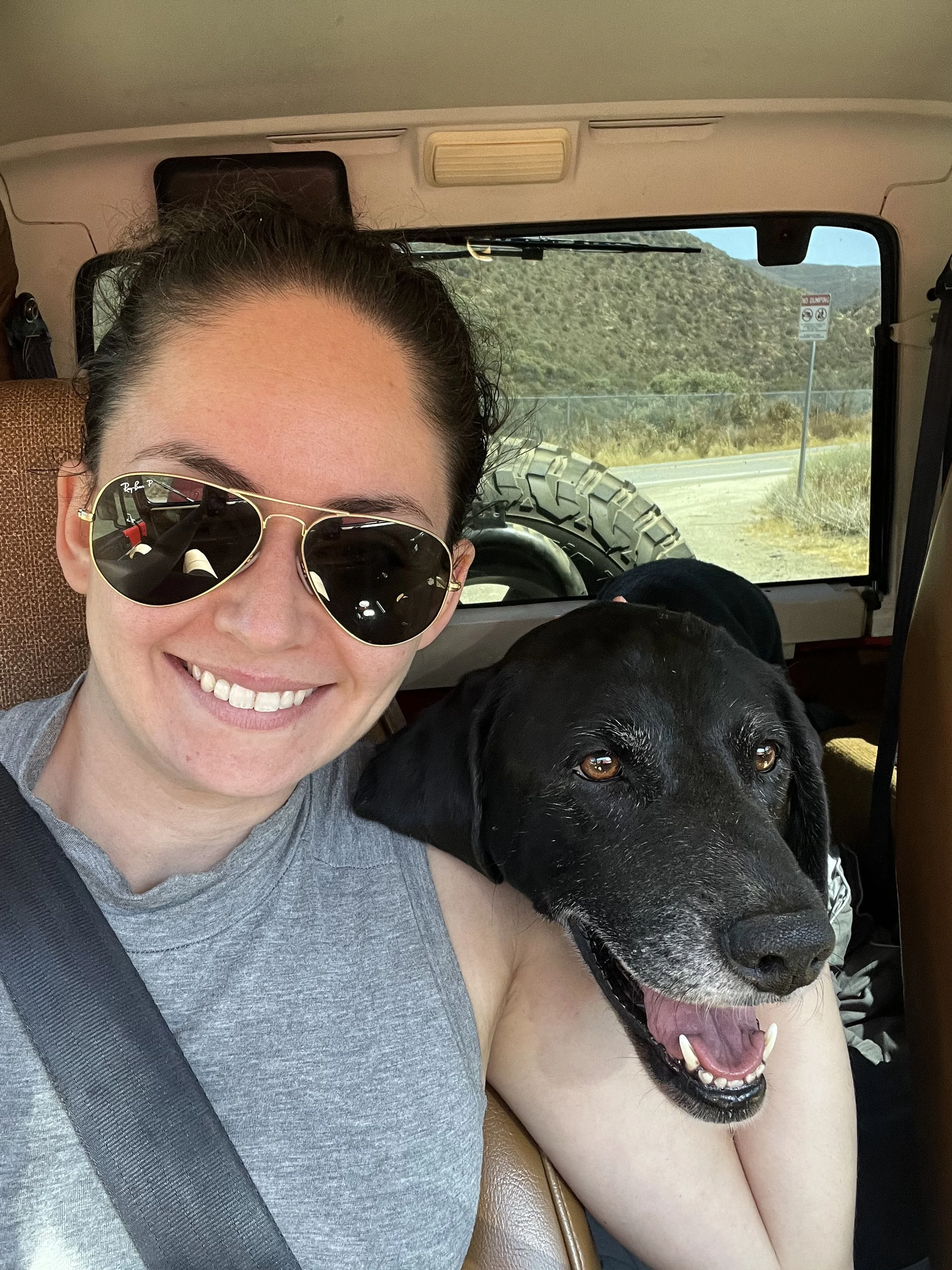A woman wearing sunglasses and a sleeveless gray top sitting in a vehicle, smiling, with a large black dog sitting beside her. The vehicle's interior is visible, with a desert landscape and mountains outside the window.