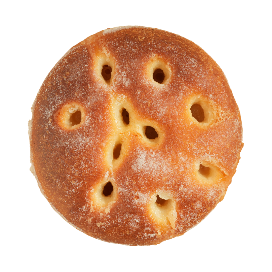 A round, golden-brown fried snack with multiple small holes on its surface.