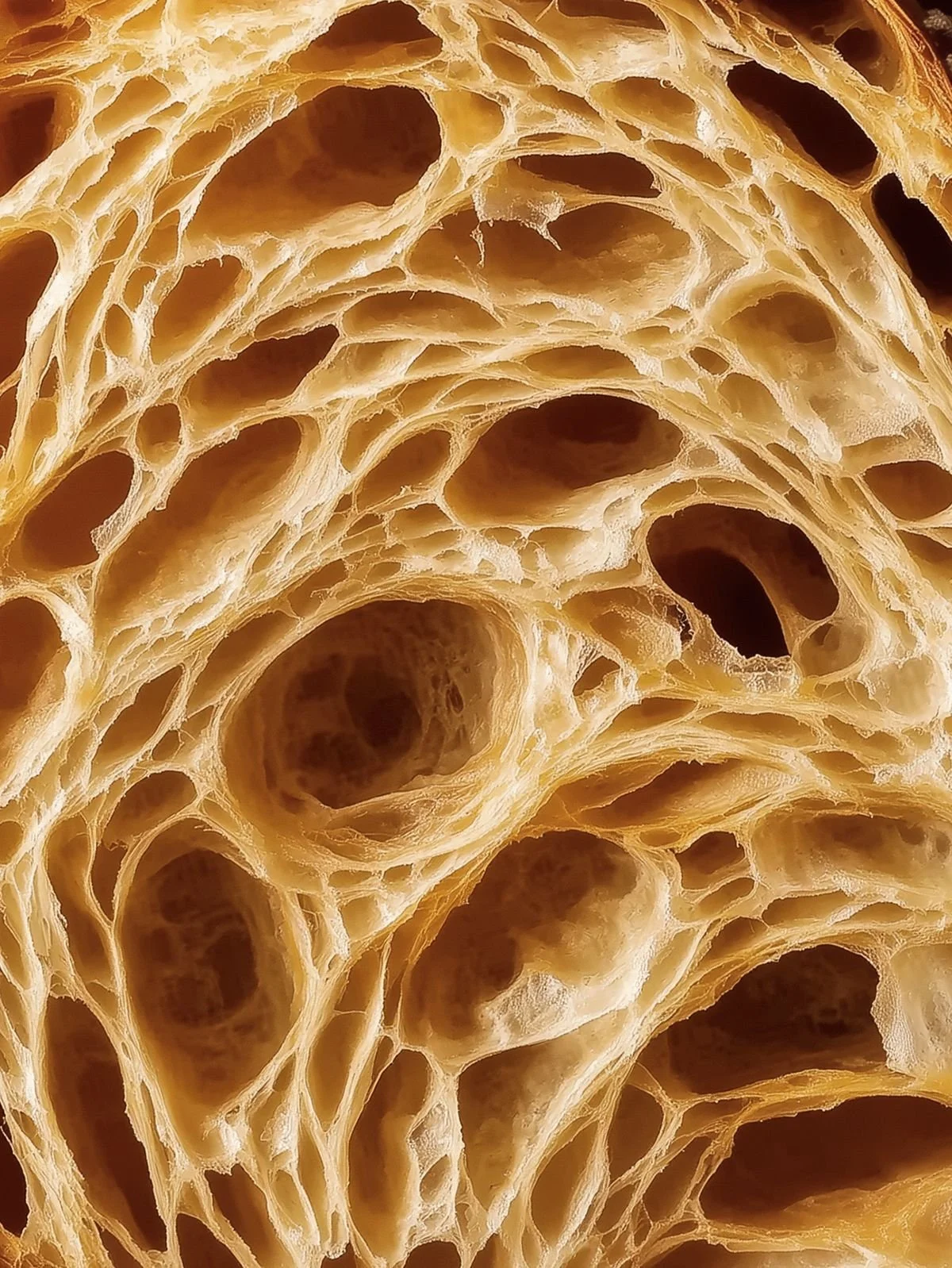 Close-up of the interior of a flaky, layered croissant, showing its airy, honeycomb-like structure.