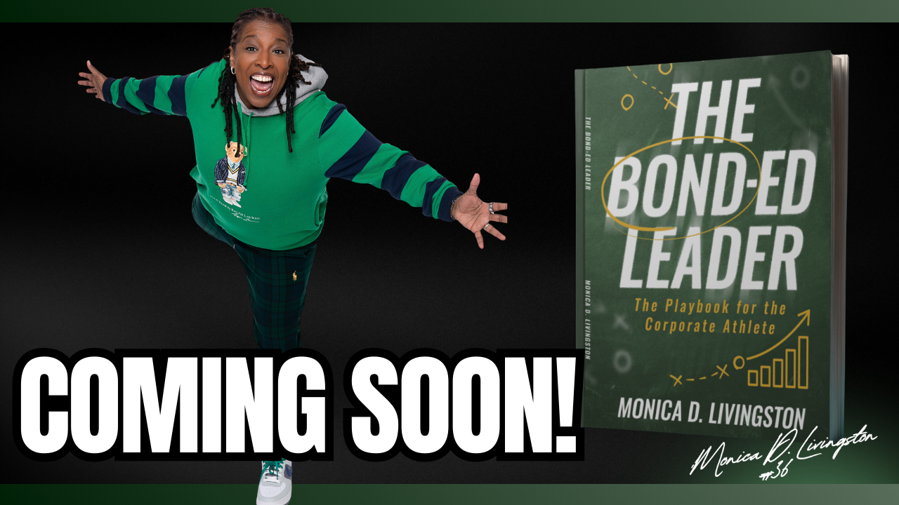 A woman in a green and blue striped hoodie with a bear cartoon on it, reaching out with her arms open, standing next to a large book titled 'The Bond-ed Leader' by Monica D. Livingston, with 'Coming Soon!' text overlayed.