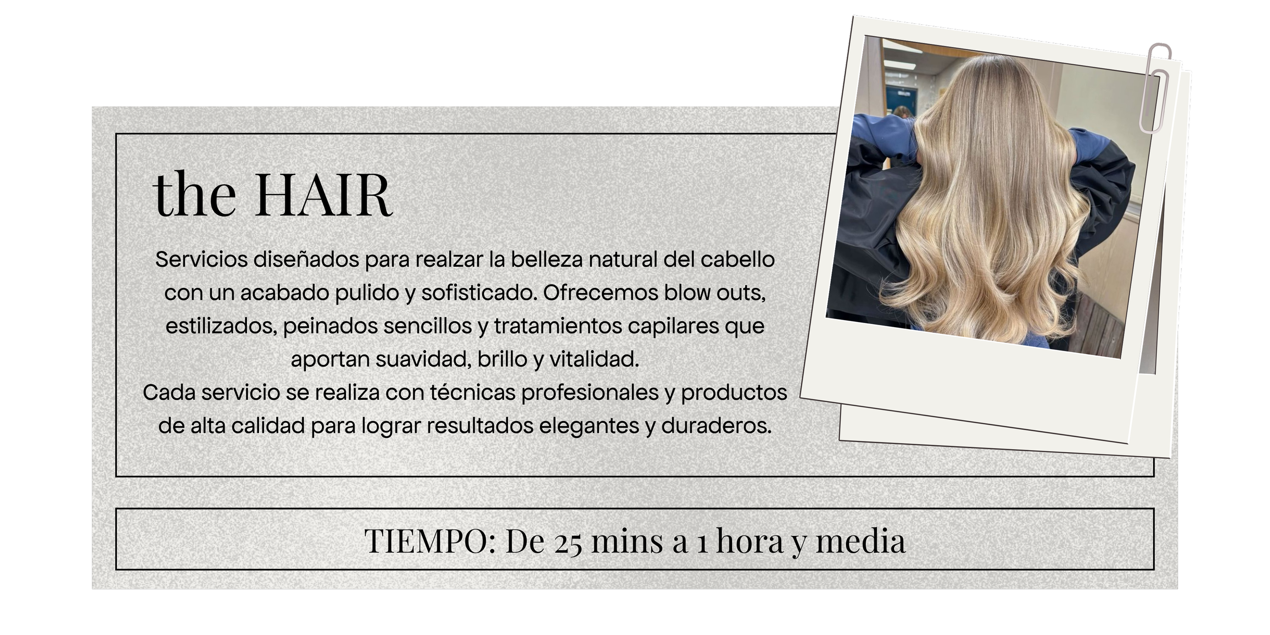 A promotional flyer for a hair service business featuring a photograph of long, wavy blonde hair and descriptive text in Spanish about hair care services.