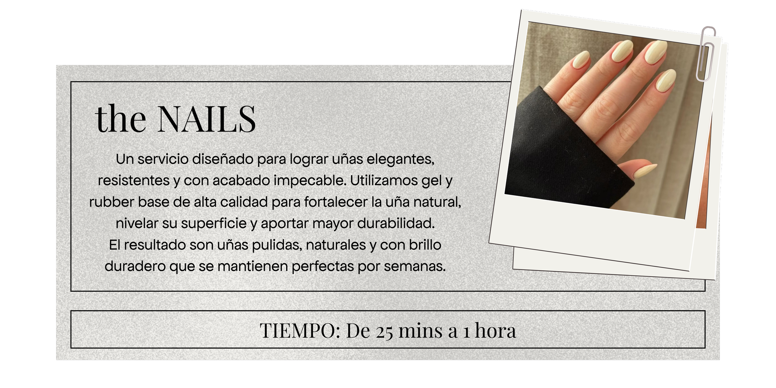 Promotional flyer for nail care services featuring a close-up of a hand with well-manicured nails. The flyer includes a brief description of the service in Spanish and an image of a hand with manicured nails.