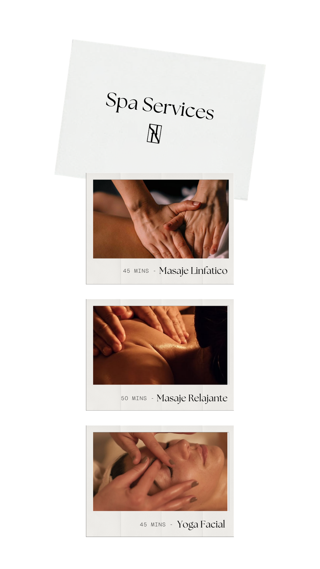 Brochure for spa services with images of massage and facial treatments, including descriptions and durations for each service.