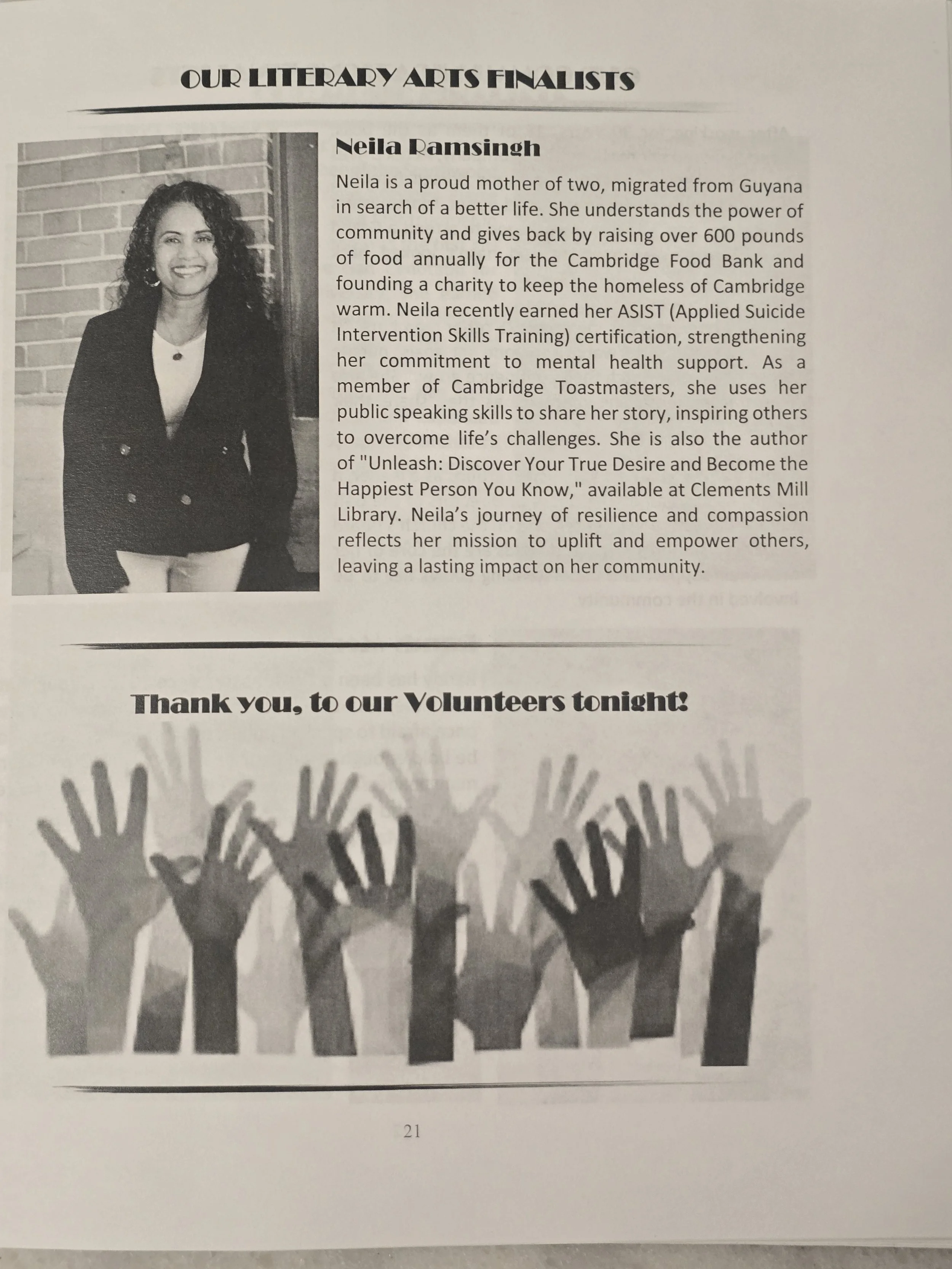 A black-and-white photograph of a woman smiling, wearing a blazer, positioned to the left of a block of text about her achievements and contributions, and a graphic of raised hands with the text "Thank you, to our Volunteers tonight!" underneath.