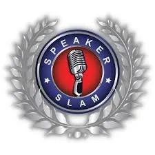 Logo for Speaker Slam featuring a microphone within a circular badge, surrounded by a laurel wreath.