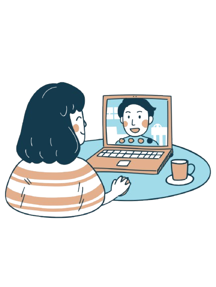 A woman with dark hair and striped shirt sitting at a table using a laptop, with her reflection visible on the screen. There is a cup on a saucer next to the laptop.