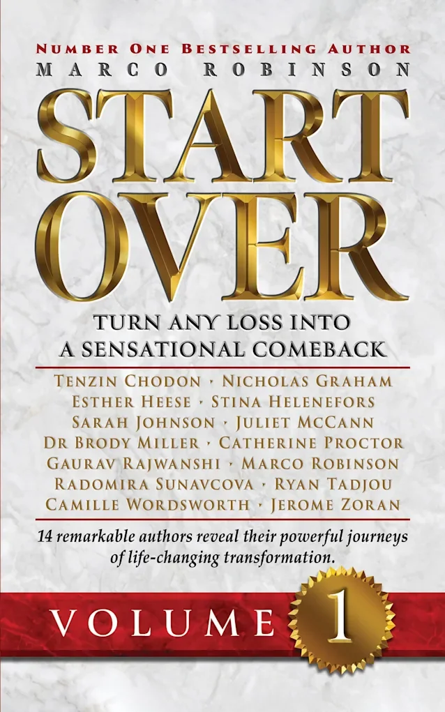 Cover of the book titled 'Start Over: Turn any loss into a sensational comeback, Volume 1' by Marco Robinson and others, featuring author names and a gold badge with the number 1, set against a marble background with red accents.
