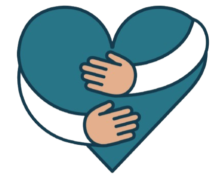 Illustration of two hands hugging inside a large heart with a smaller heart shape connected to the hug.