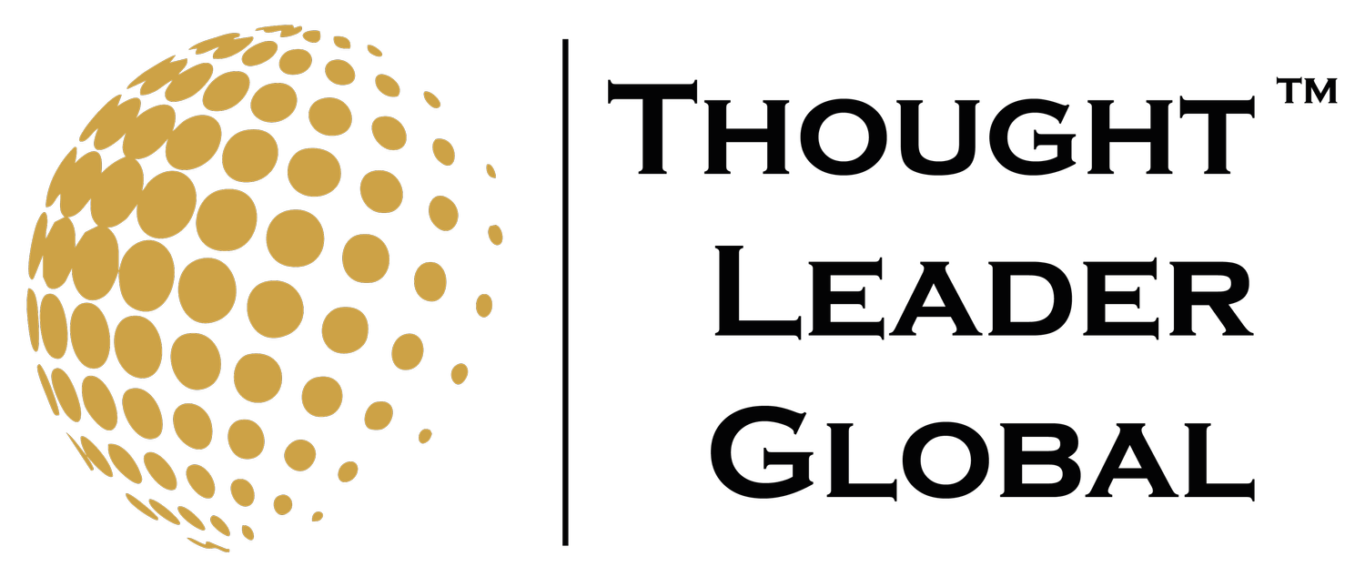 Logo of Thought Leader Global featuring a gold dotted globe and black text.