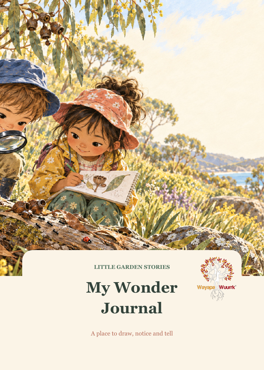 Illustrated My Wonder Journal book cover with children exploring nature and a clear Wayapa Wuurrk logo.