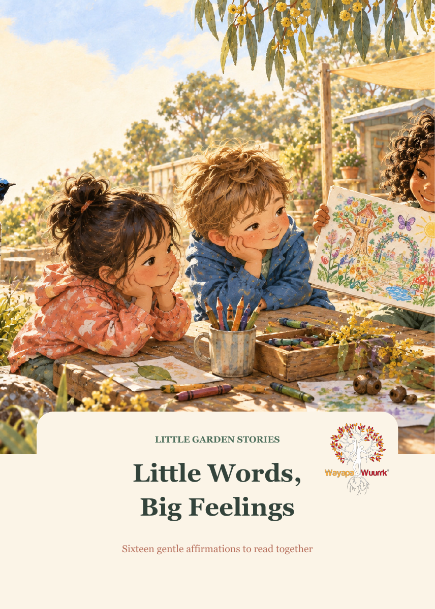 Illustrated Little Words, Big Feelings book cover with two children reading together and a clear Wayapa Wuurrk logo.