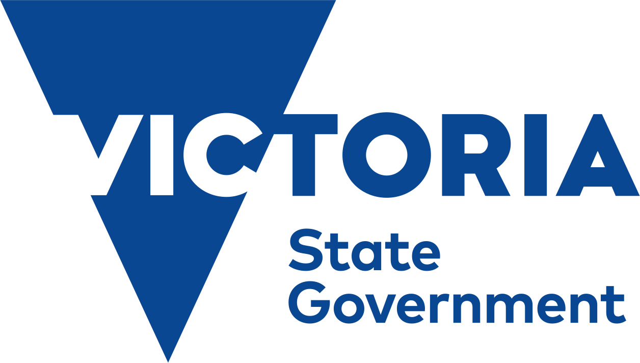 Logo of Victoria State Government featuring a blue downward-pointing triangle and text.