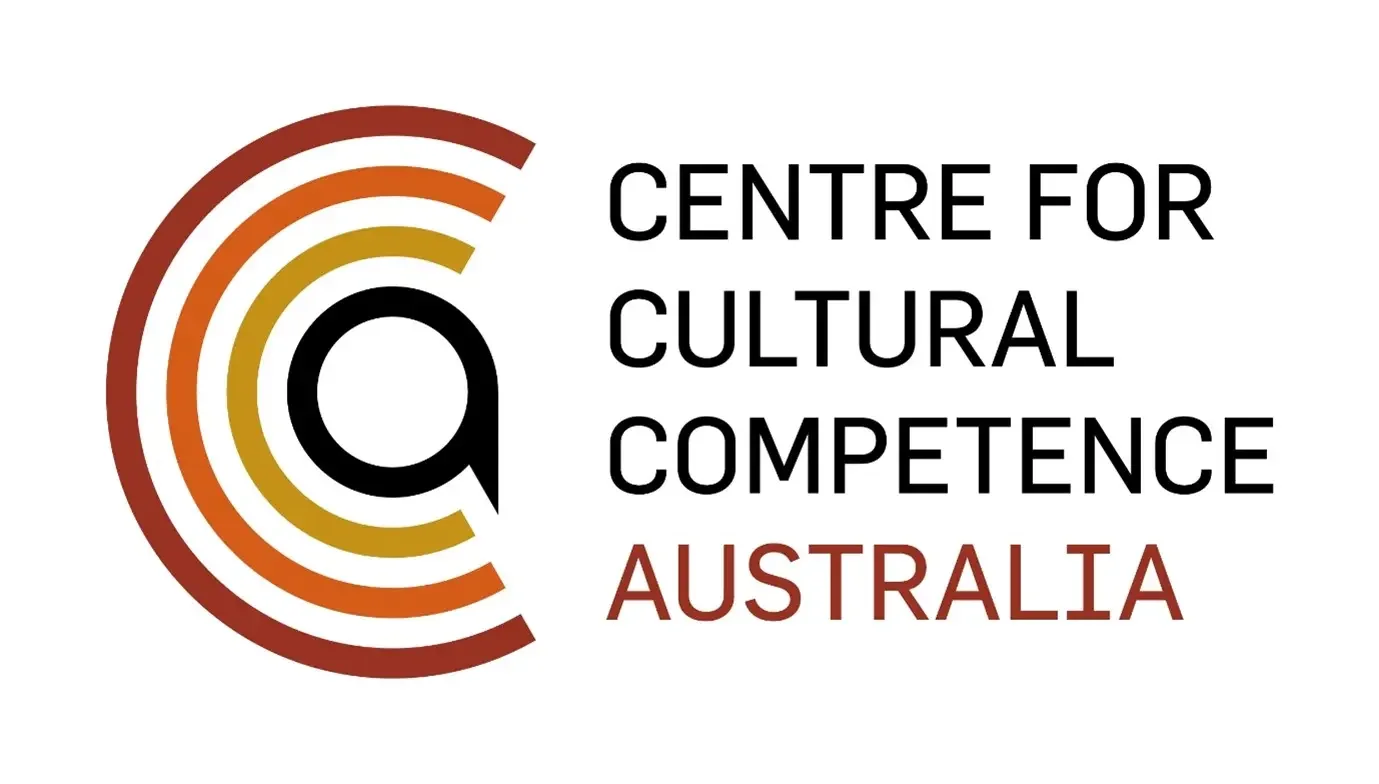 Logo for Centre for Cultural Competence Australia featuring stylized concentric semi-circles in shades of red, orange, and yellow next to black text.