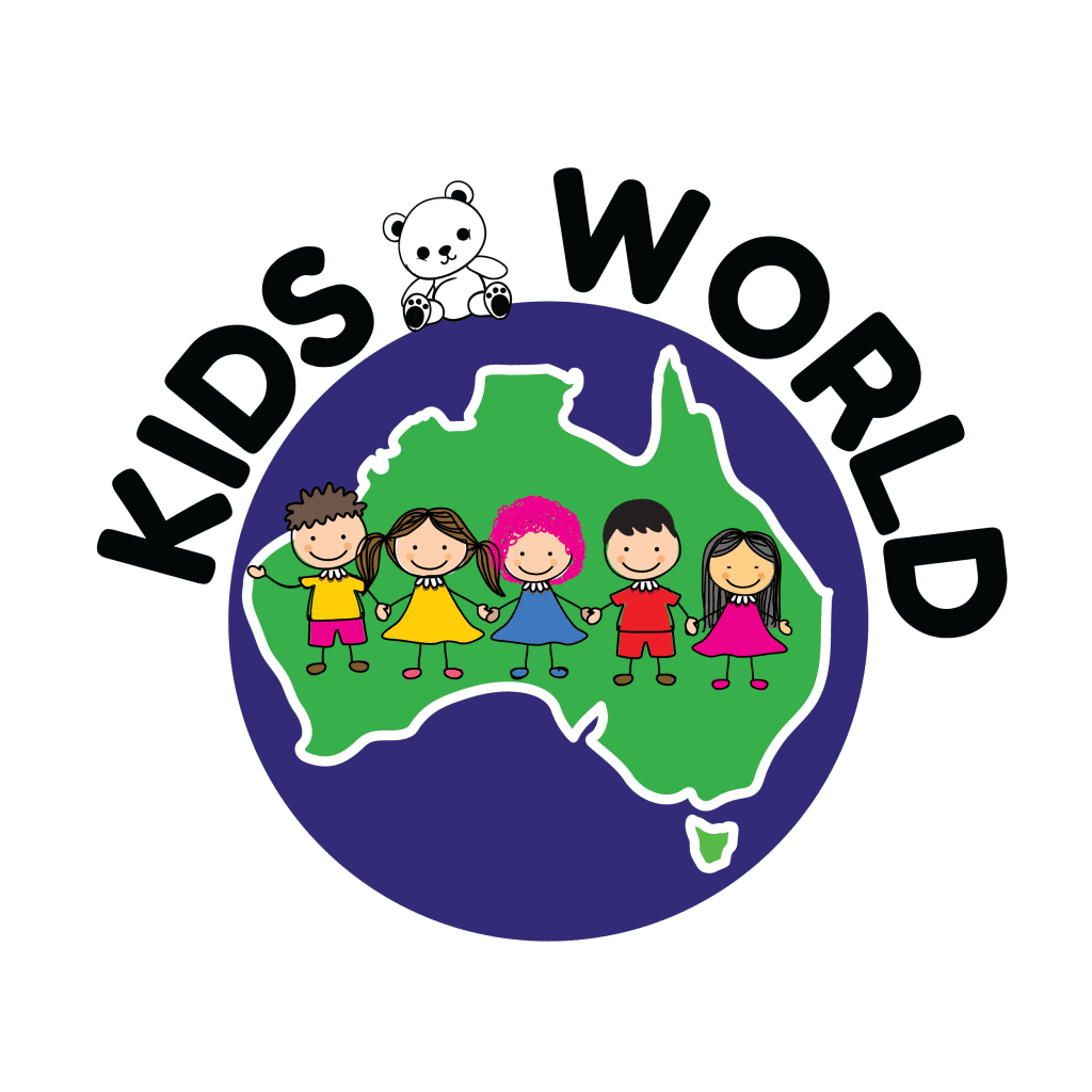 Colorful cartoon of five children holding hands over a green map of Australia with the words "Kids World" above and a cute white bear sitting on top of the globe.
