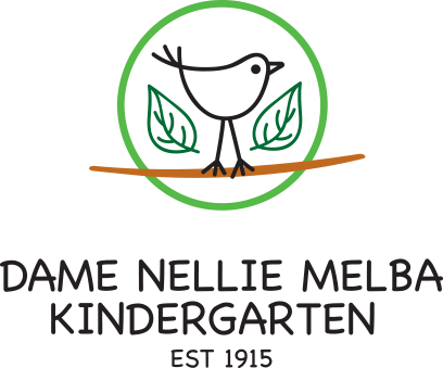 Logo for Dame Nellie Melba Kindergarten featuring a line drawing of a bird sitting on a branch, surrounded by a green circle and leaf motifs, with text indicating establishment since 1915.