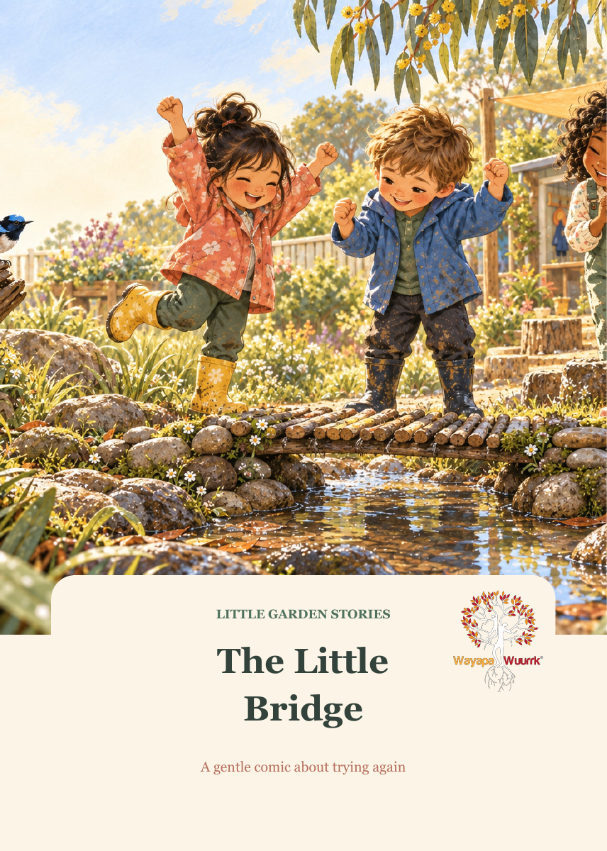 Illustrated cover of The Little Bridge, with children celebrating on a garden bridge and the Wayapa Wuurrk logo.