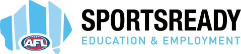 A logo for Sports Ready, featuring a stylized blue fist with the AFL logo and the text 'Education & Employment' below.