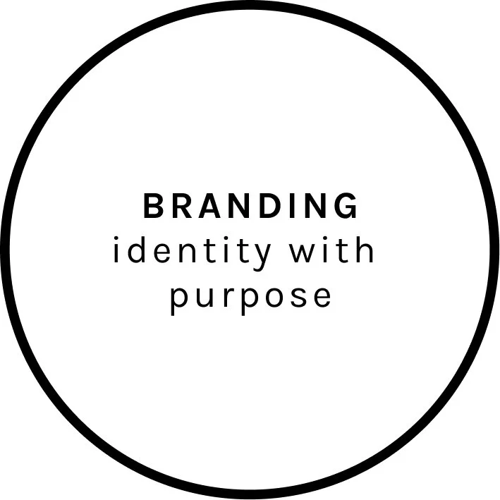 A black circle with the word 'BRANDING' in bold, followed by the phrase 'identity with purpose' in lowercase inside it.