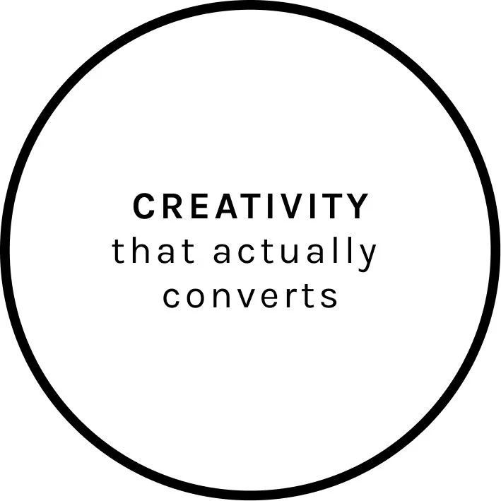 A circle with the quote "CREATIVITY that actually converts" written inside.