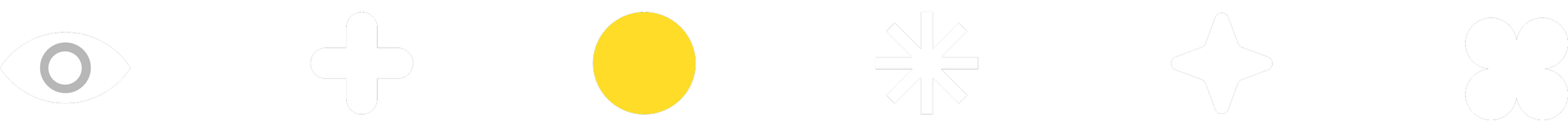 Twelve icons in black and white with one yellow icon in the middle, including an eye, a plus sign, a circle, an asterisk, a four-point star, and a four-leaf clover.