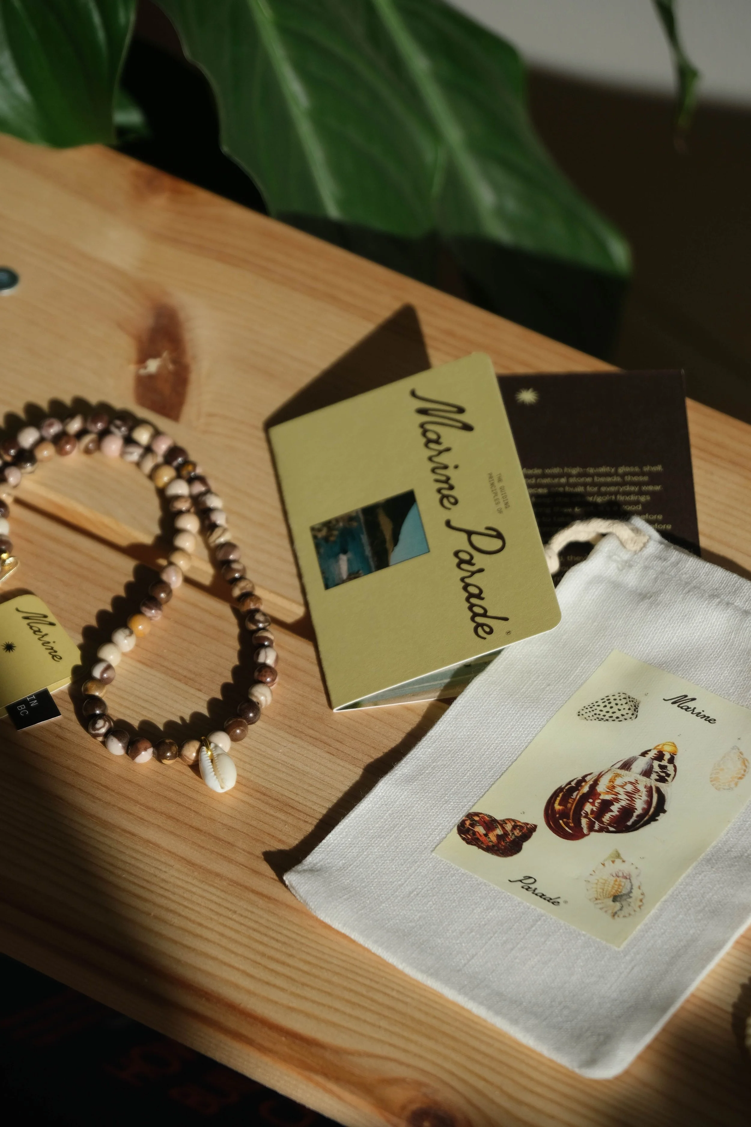 A beaded necklace with a shell pendant and seashell themed postcards on a white cloth, placed on a wooden surface with a green plant in the background.
