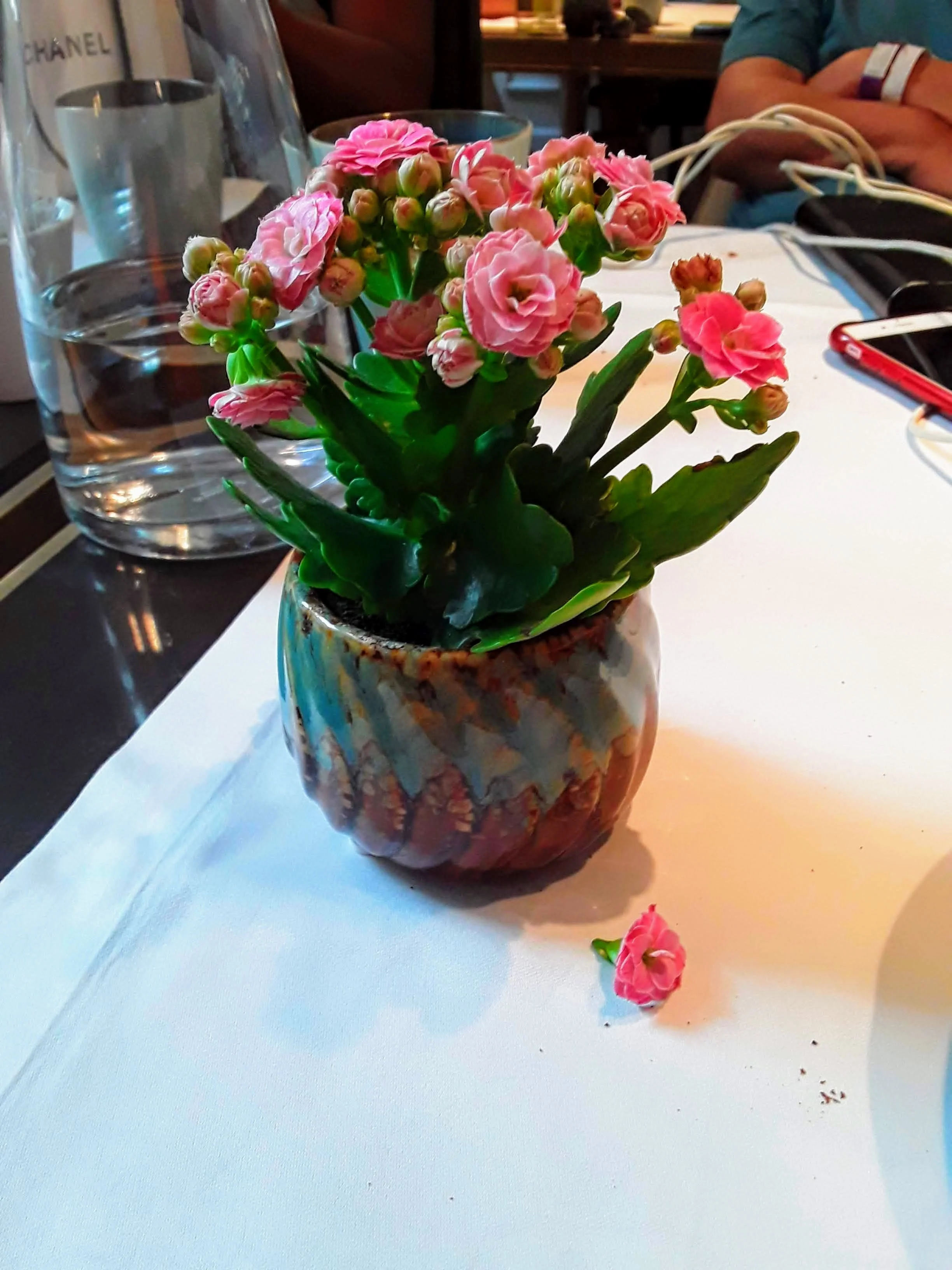 Pink flowers in a colorful ceramic pot on a white tablecloth.