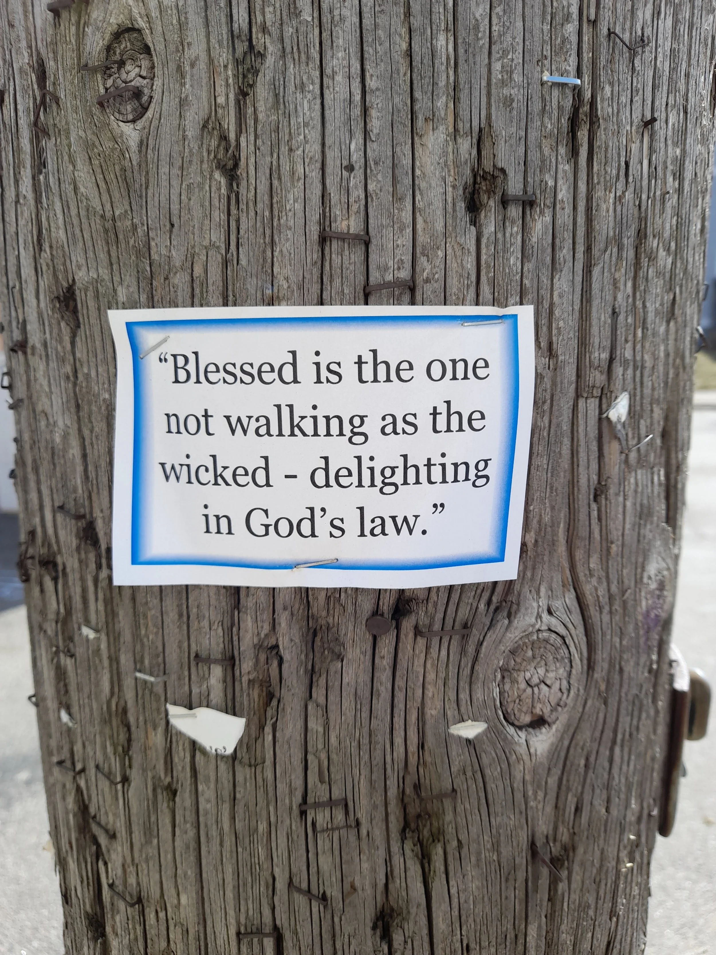 A wooden utility pole with a quote attached, reading: 'Blessed is the one not walking as the wicked - delighting in God's law.'