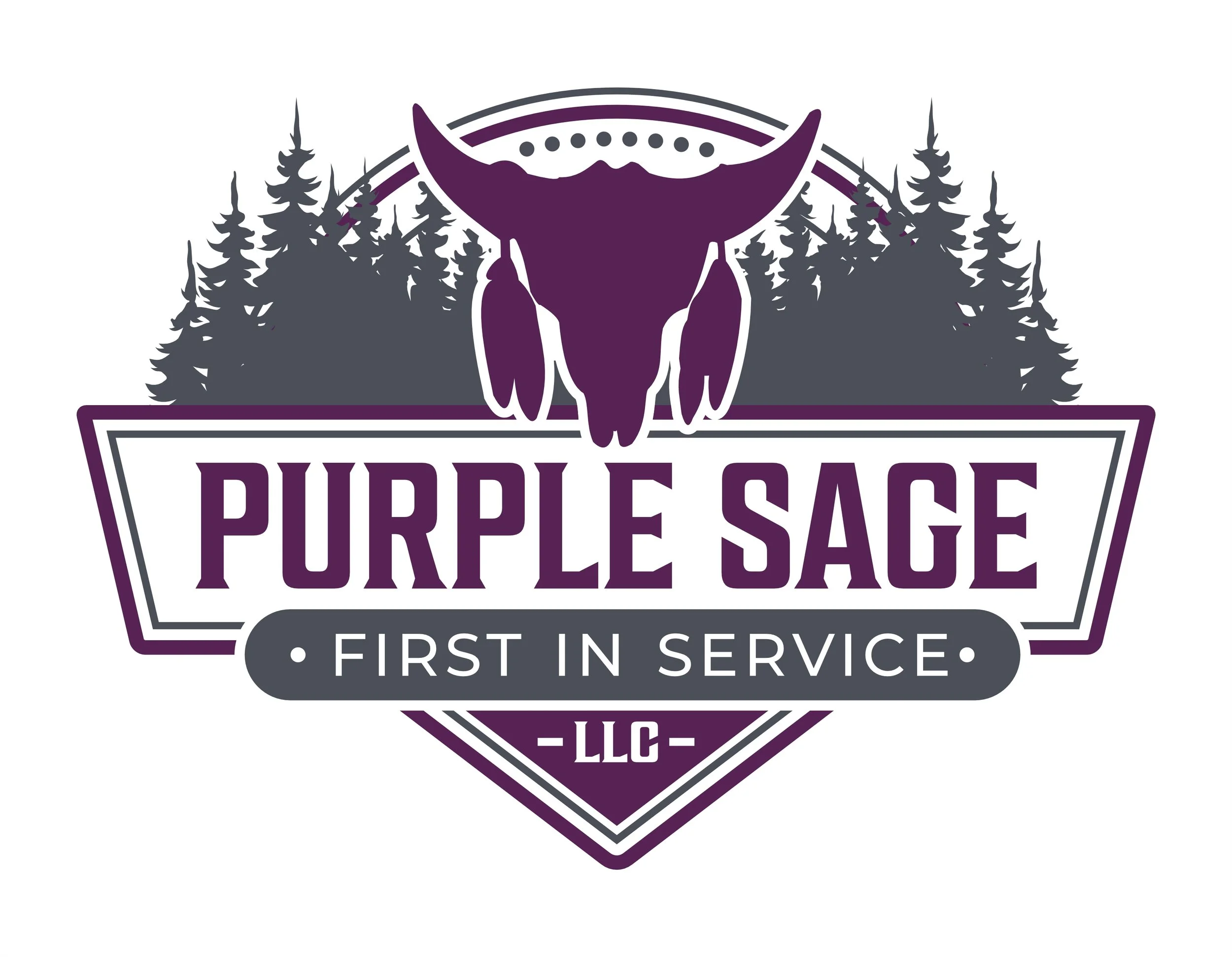 Logo for Purple Sage LLC with a purple buffalo skull, pine trees in the background, and text reading 'Purple Sage, First in Service'.
