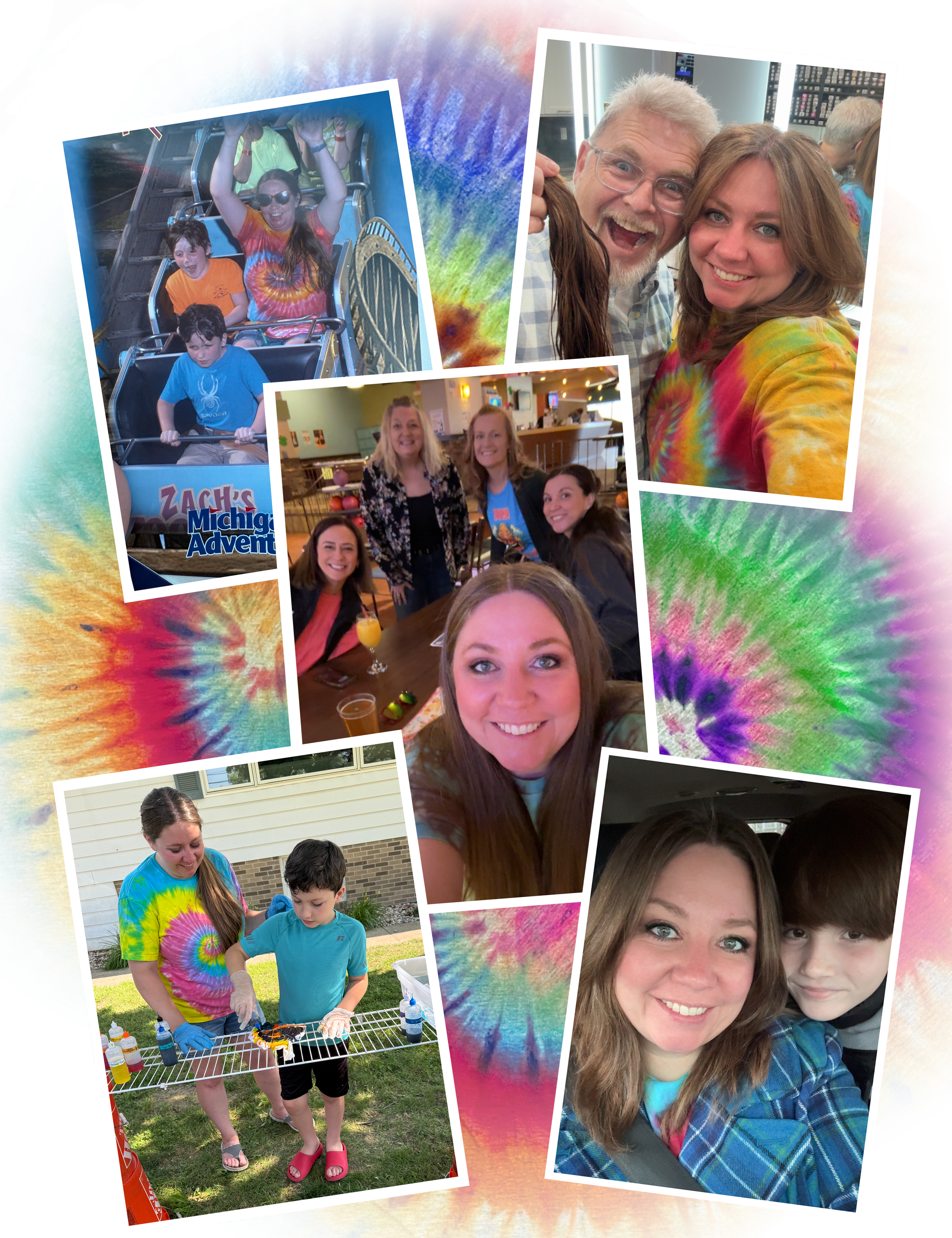 A tie-dye photo collage of Realtor Jeanette Corbin with family and clients around Central and Mid Michiga