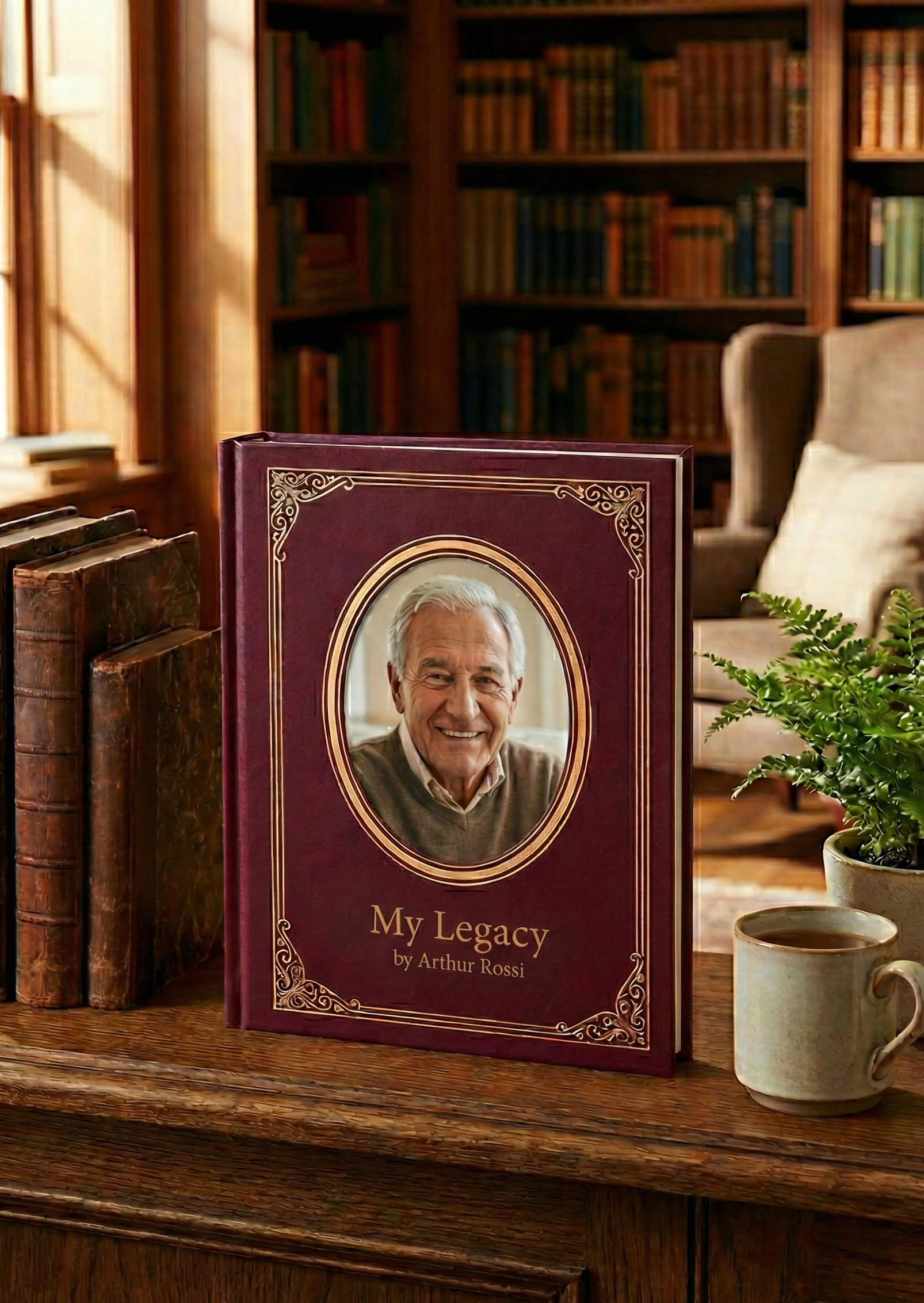 A hardcover book titled 'My Legacy' by Arthur Rossi with a photo of an elderly smiling man on the cover, placed on a wooden table surrounded by old books, a potted plant, a coffee mug, and a cozy library setting.