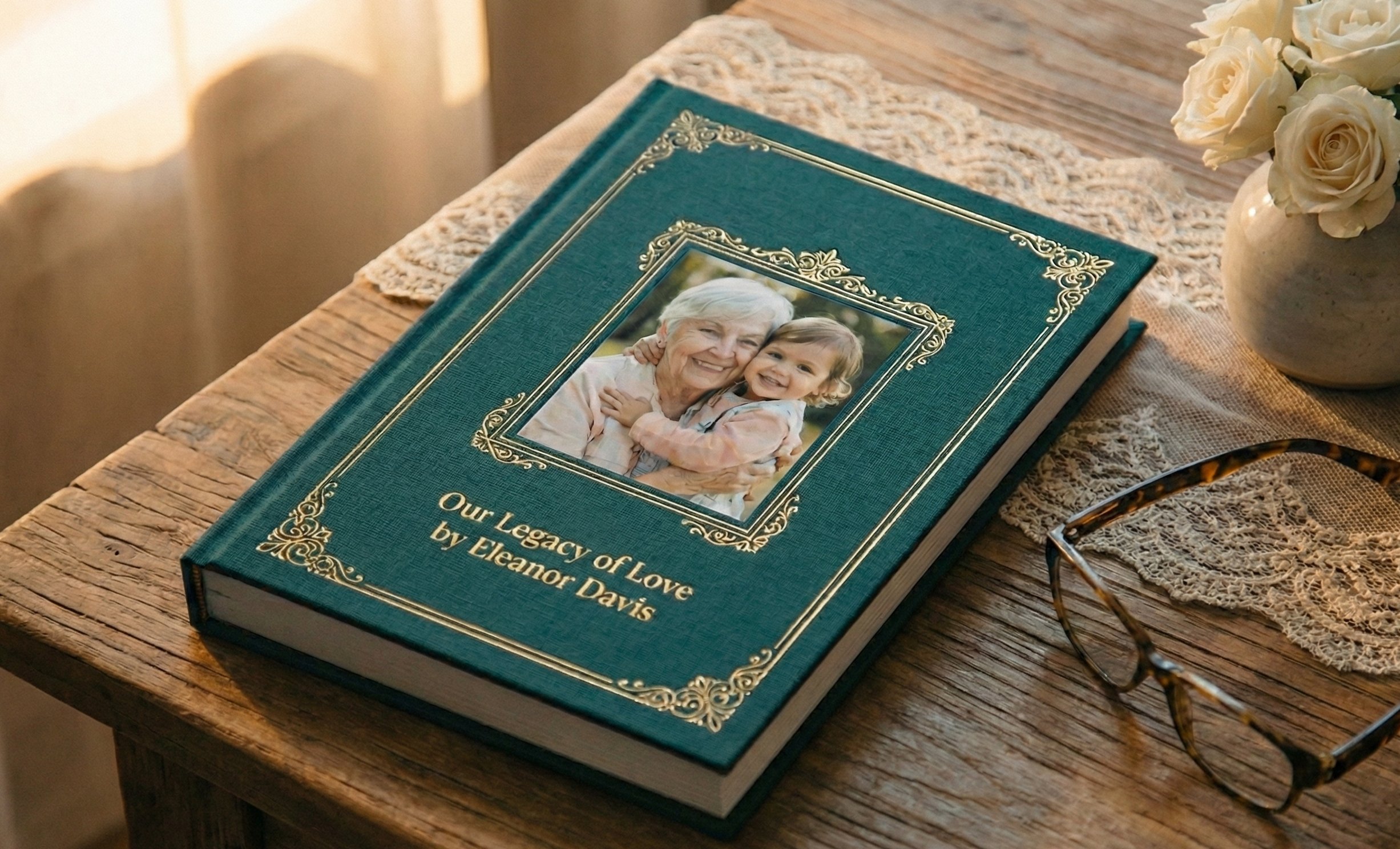 A hardcover book titled "Our Legacy of Love by Eleanor Davis" on a rustic wooden table, with a photo of an elderly woman hugging a young girl on the cover. Next to the book are a pair of tortoise shell glasses and a vase with white roses, all placed 