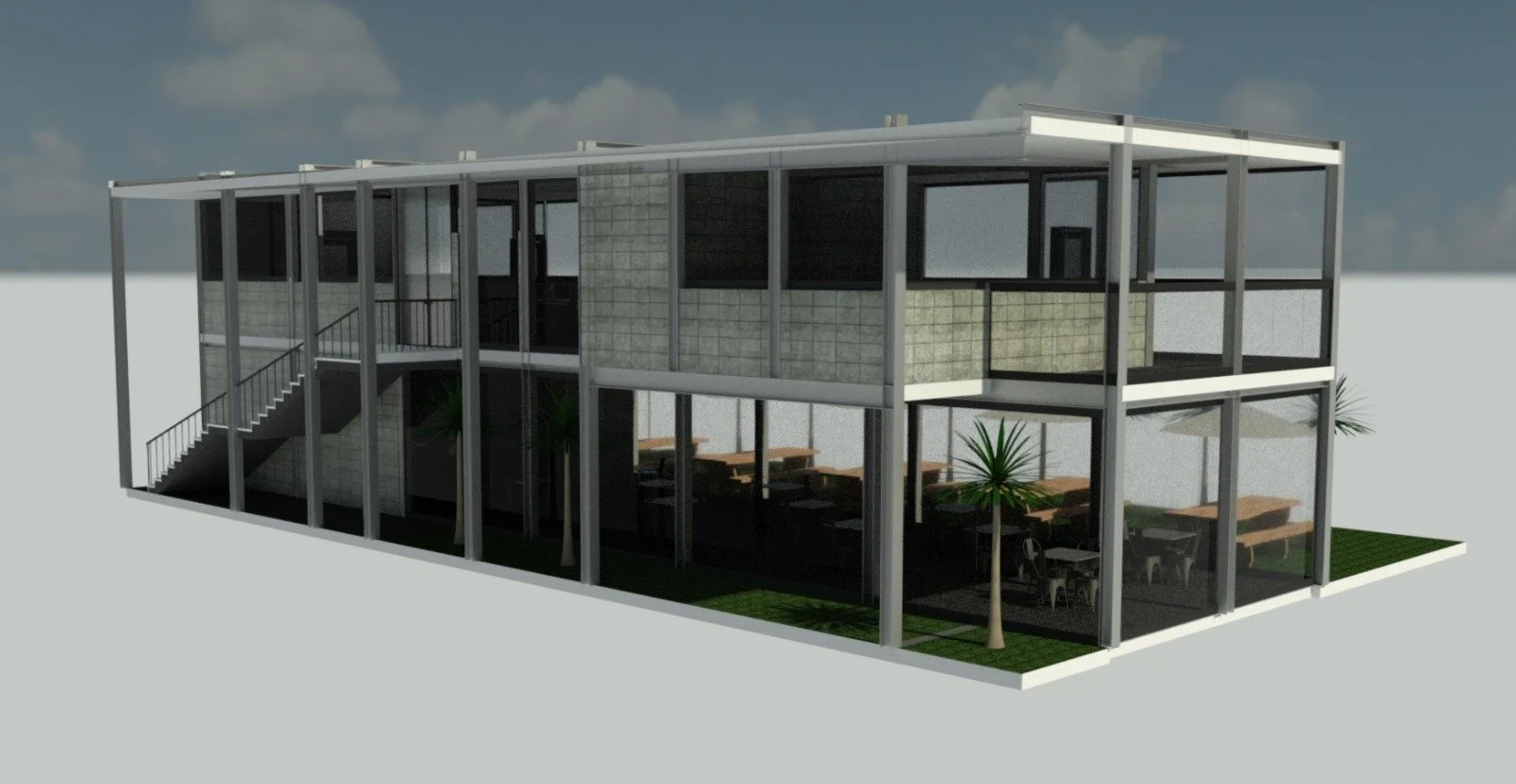 Modelo digital de un edificio de dos pisos con estructura metálica, paredes de cristal, plantas y mobiliario en el interior.