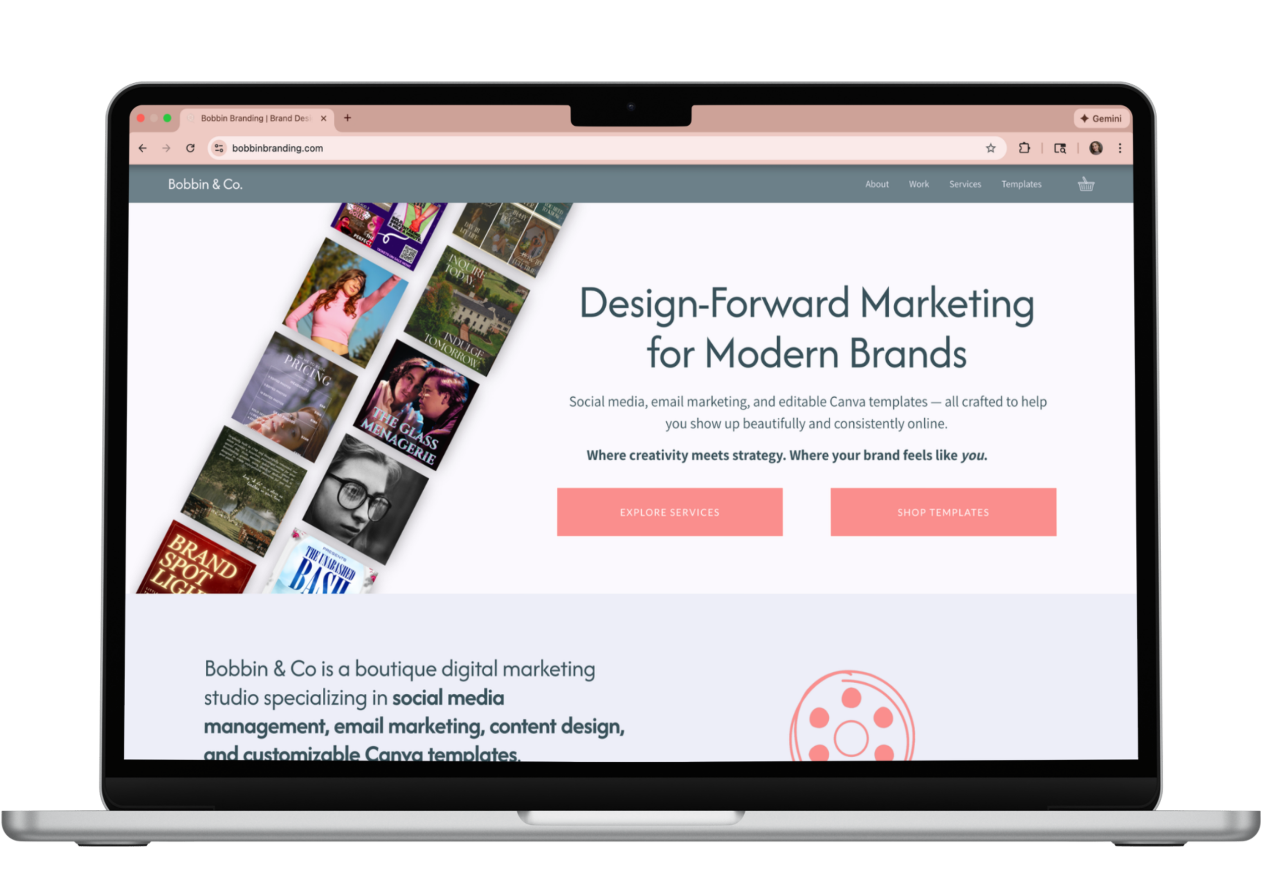 Laptop displaying a website for Bobbin & Co., a digital marketing studio, with a header, colorful collage of magazine covers, and text about branding and marketing services.