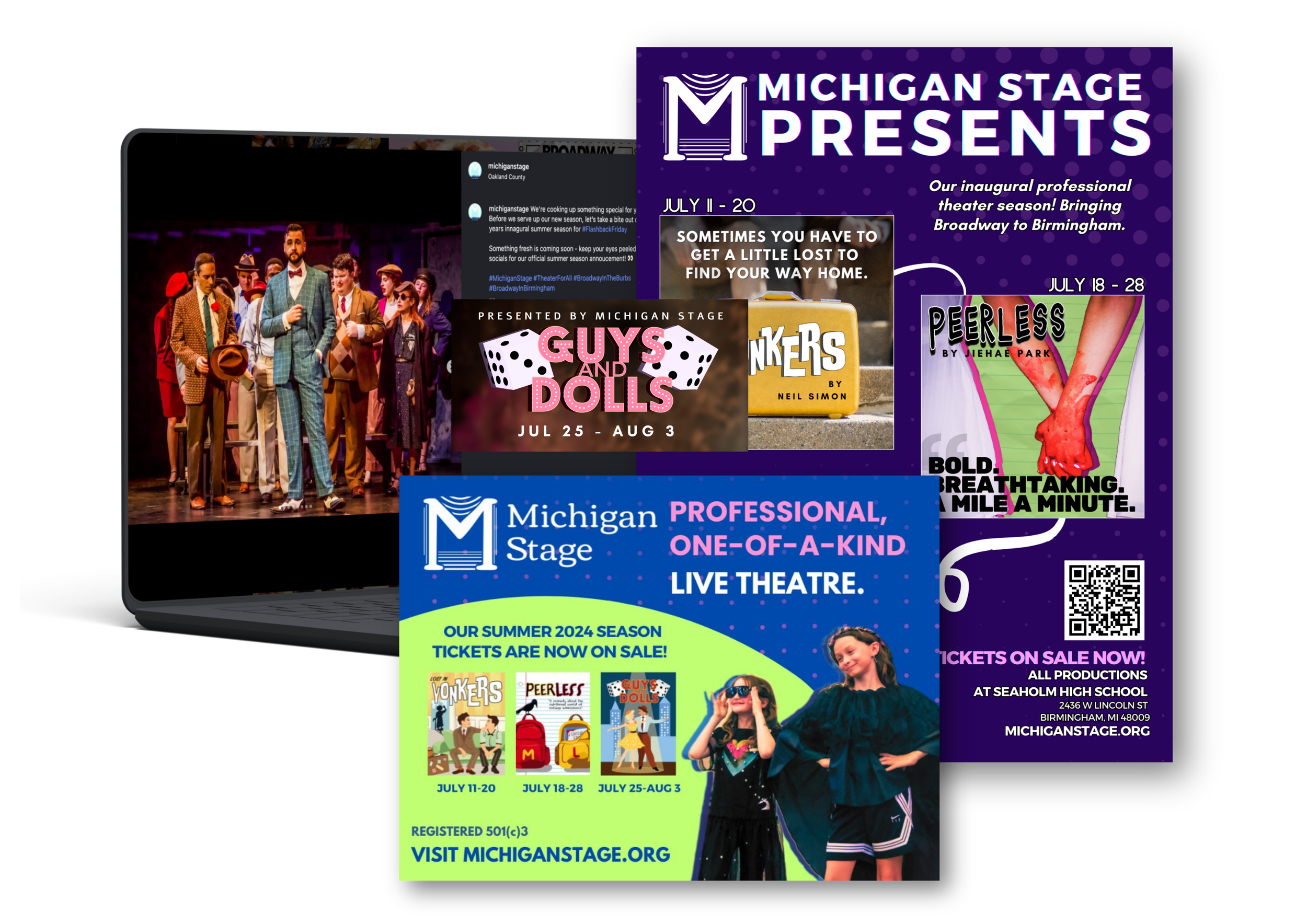 Colorful promotional flyers for Michigan Stage summer 2024 theatre season, featuring cast photo, show titles, dates, and tickets info.
