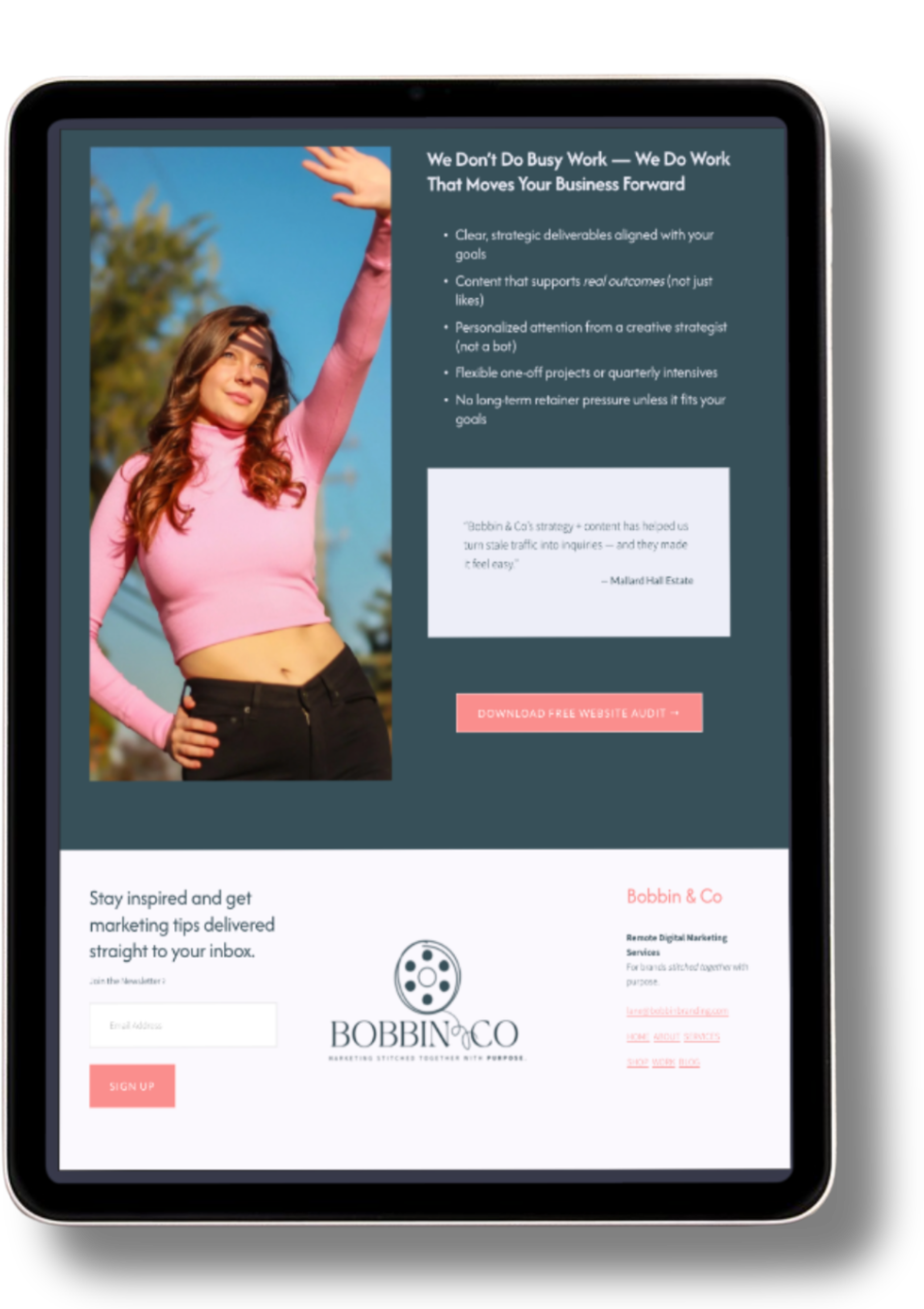 Tablet screen displaying a marketing website with a woman in a pink top and black pants, raising her right arm, outdoors with trees and blue sky in the background, and text about business growth strategies.