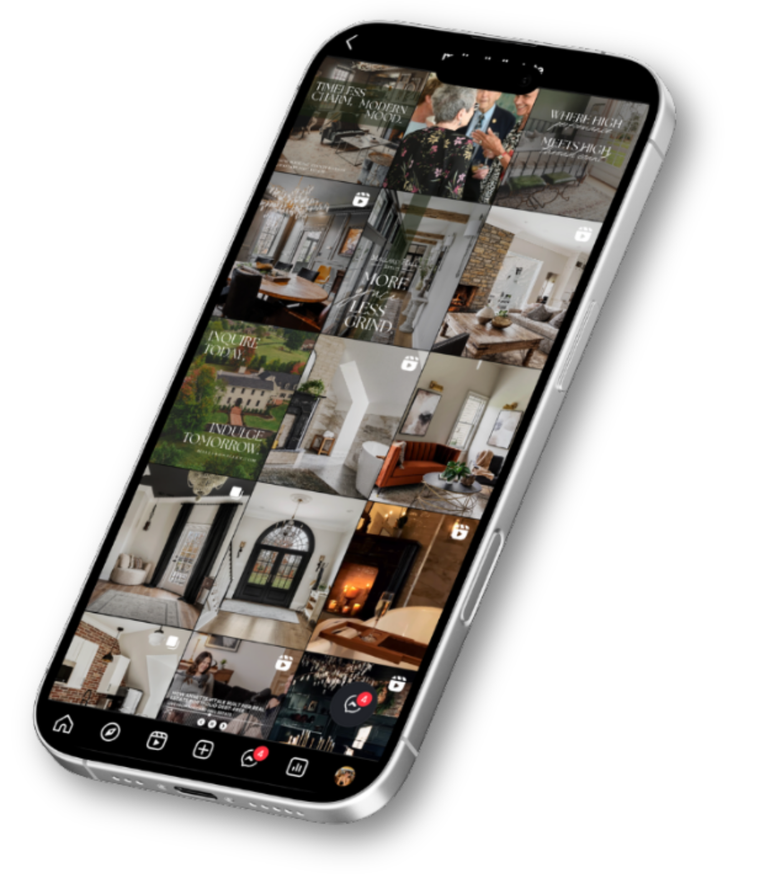 Smartphone displaying an app with images of interior and exterior home decor, architecture, and design.