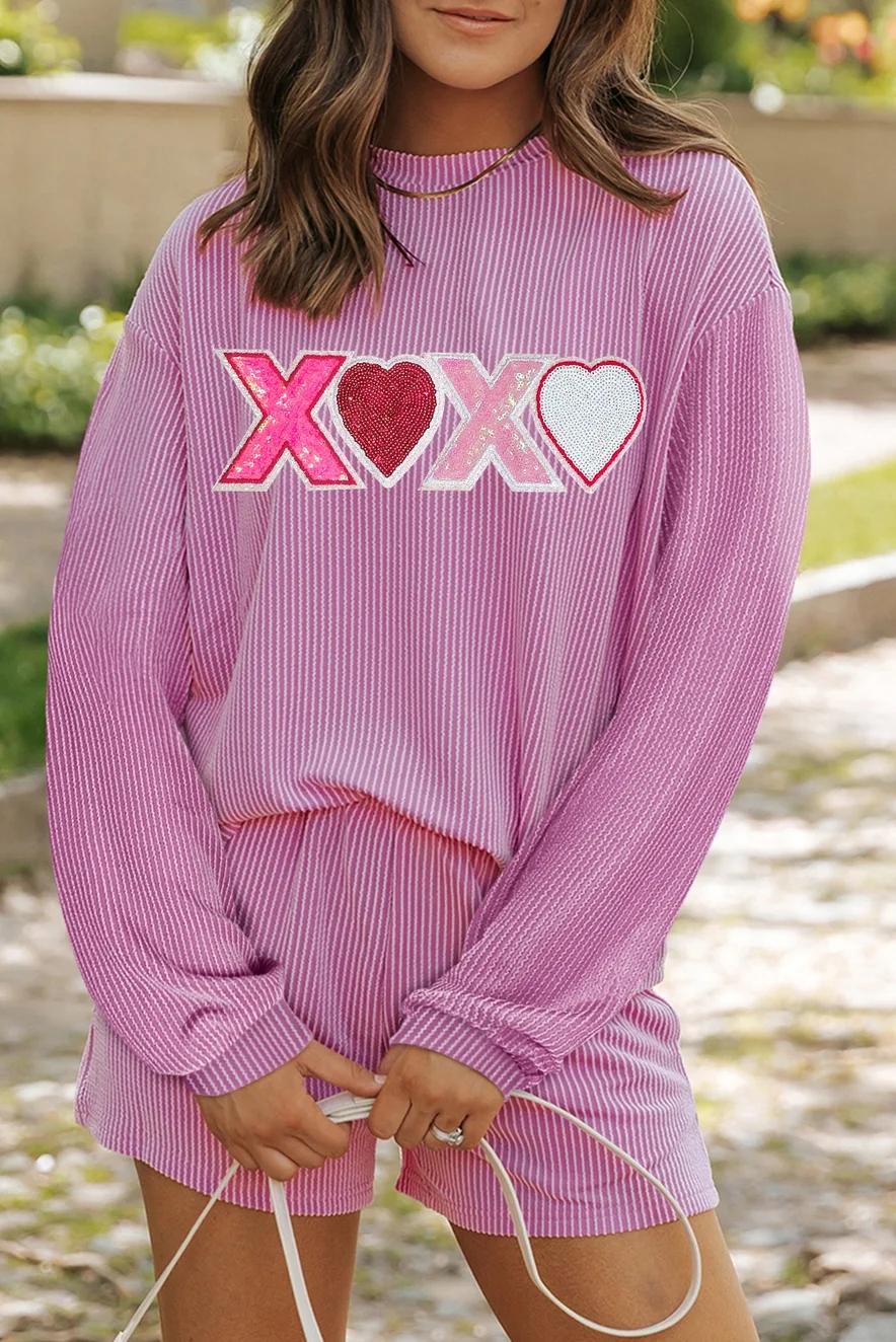 Corded Sequined XOXO Valentines Long Sleeve, Shorts Set