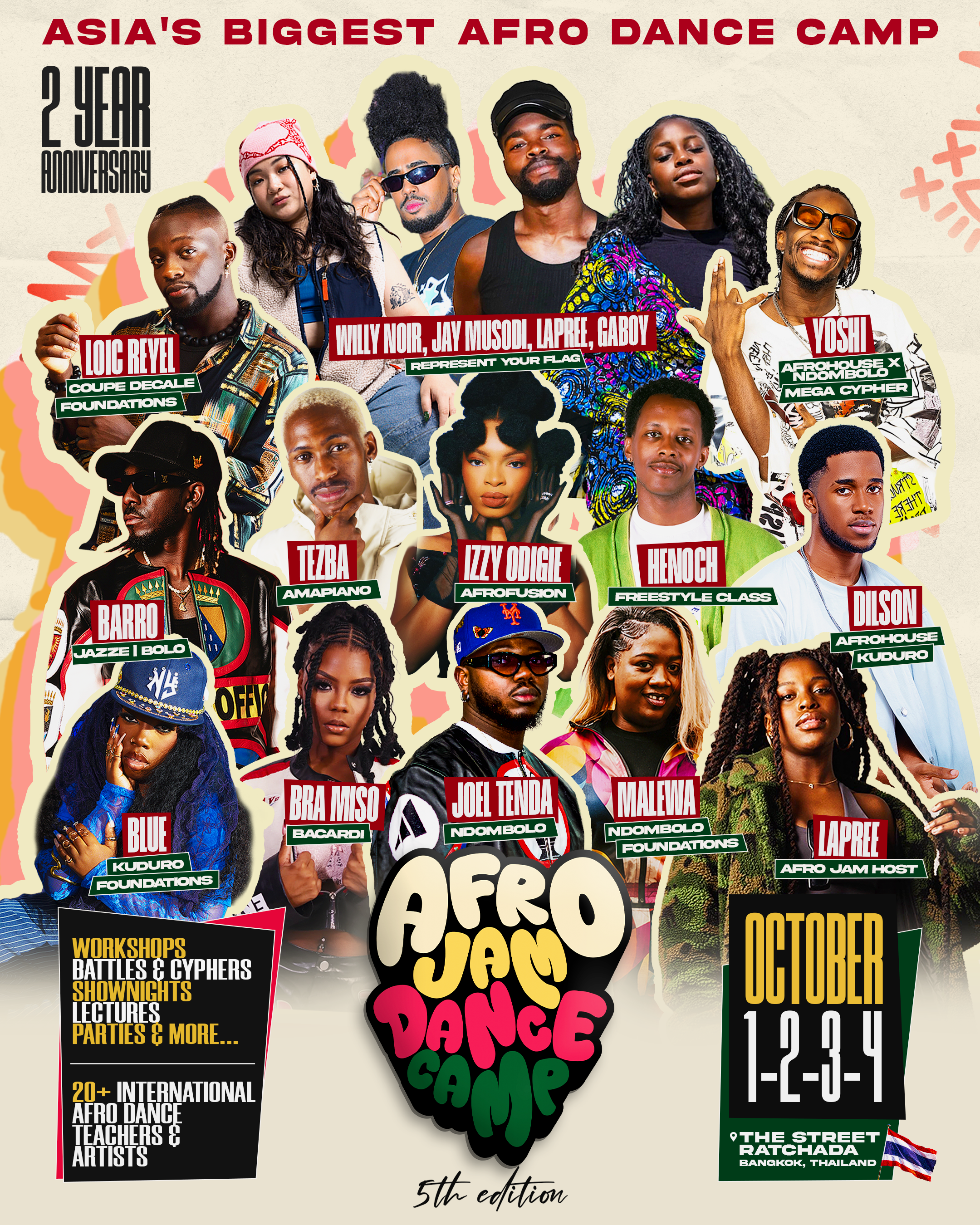 A colorful poster for Asia's biggest Afro dance camp, celebrating its 2-year anniversary. It features photos of diverse dancers and artists, event details including date October 12-14, 2024, location Bangkok, Thailand, and highlights workshops, battles, showcases, lectures, parties, and more. Prominent names include Willy Noir, Jay Musodi, Lapree, GABOY, Yoshi, Tezra, Izzy Odige, Blue, Bra Miso, Joel Tenda, Malewa, Barro, Didi, and others.