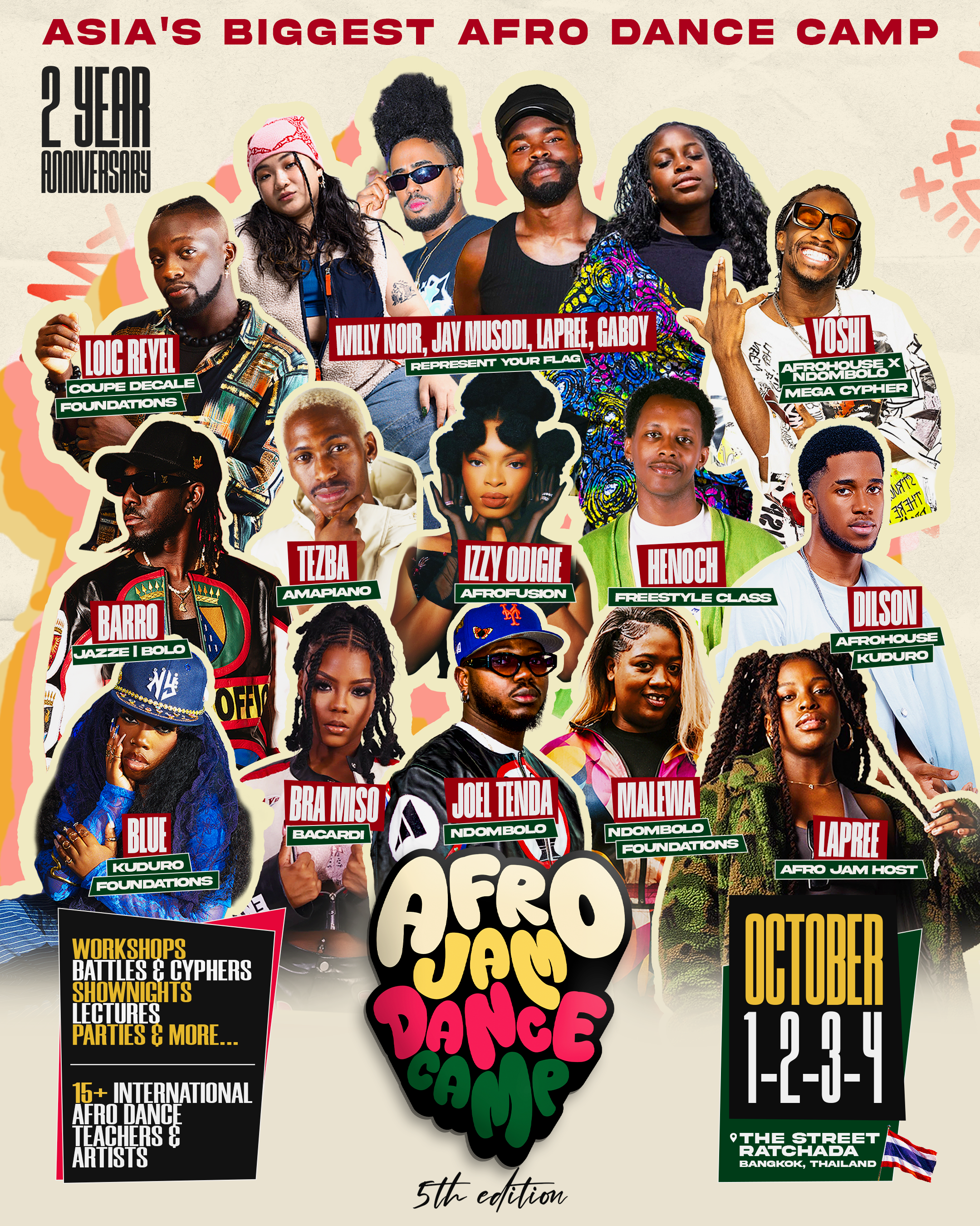 Poster advertising Asia's biggest Afro dance camp, 5th edition, featuring photos of diverse artists and dancers. The poster includes details about activities like workshops, battles, cyphers, showlights, lectures, parties, and more. It highlights the 2-year anniversary, event date December 12-14, 2024, at The Street Ratchada, Bangkok, Thailand.